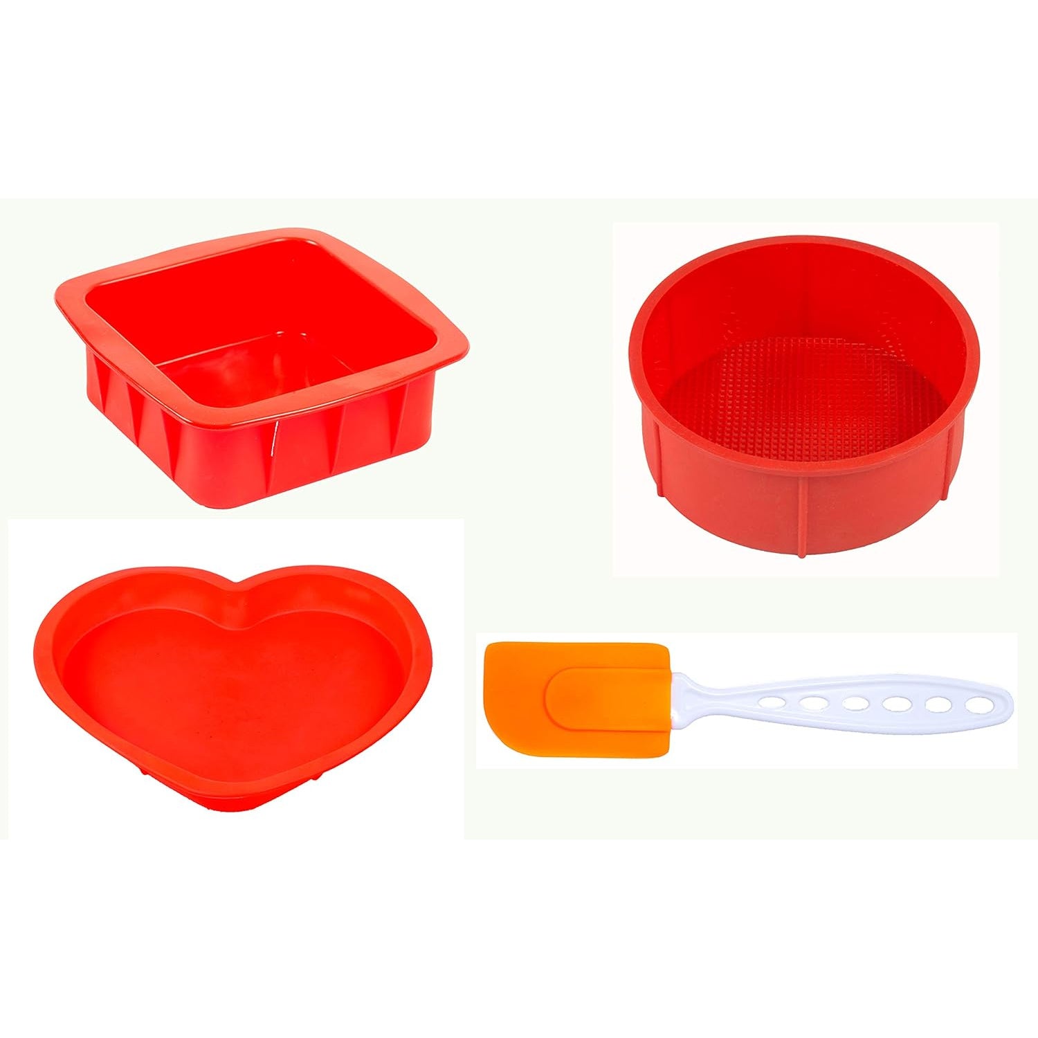 Silicone Small Square, Round and Heart Shape Cake Mould for Half Kg with Spatula, 4 Pcs, Red