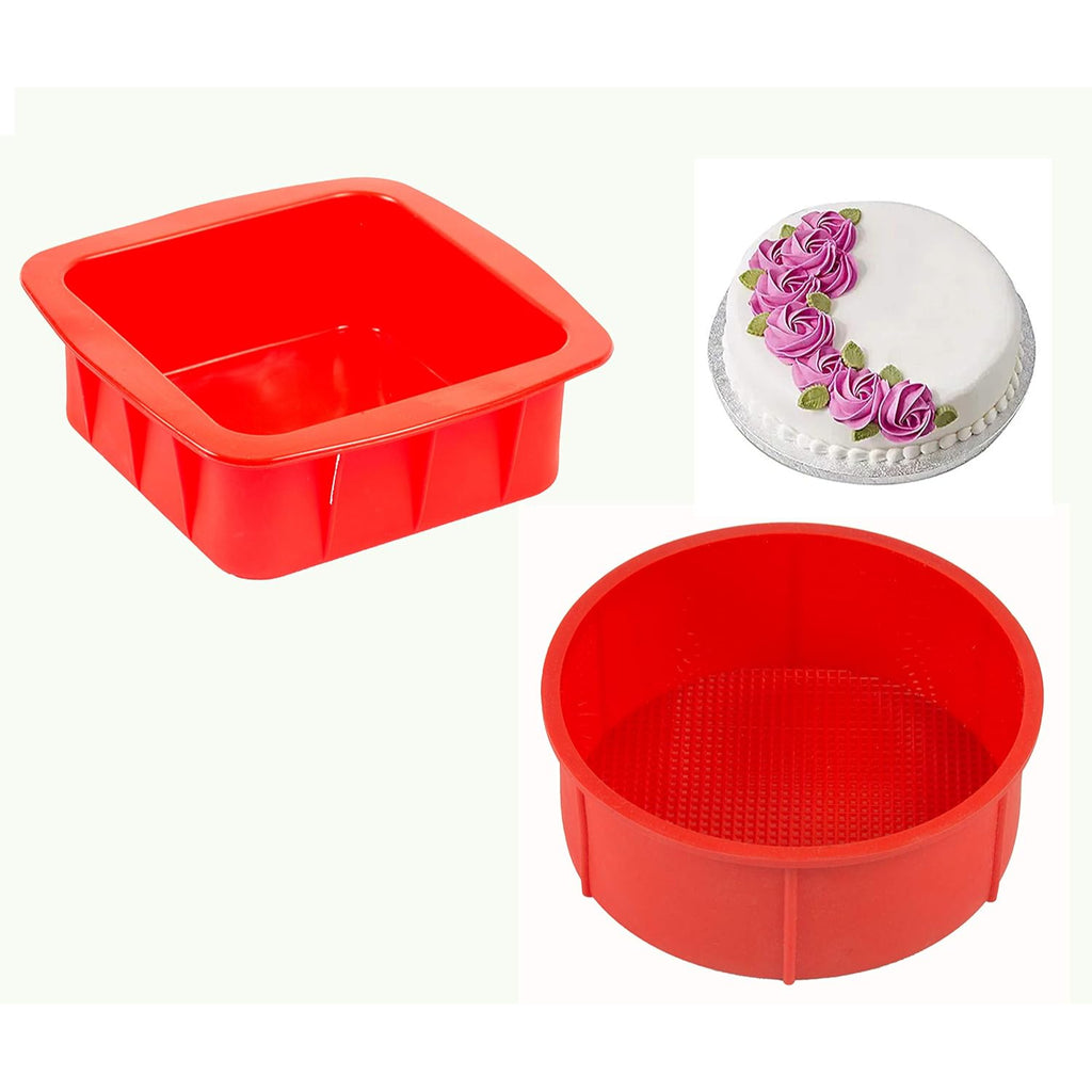 Silicone Small Square and Round Shape Cake Mould for Half Kg, 2 Pcs, Red