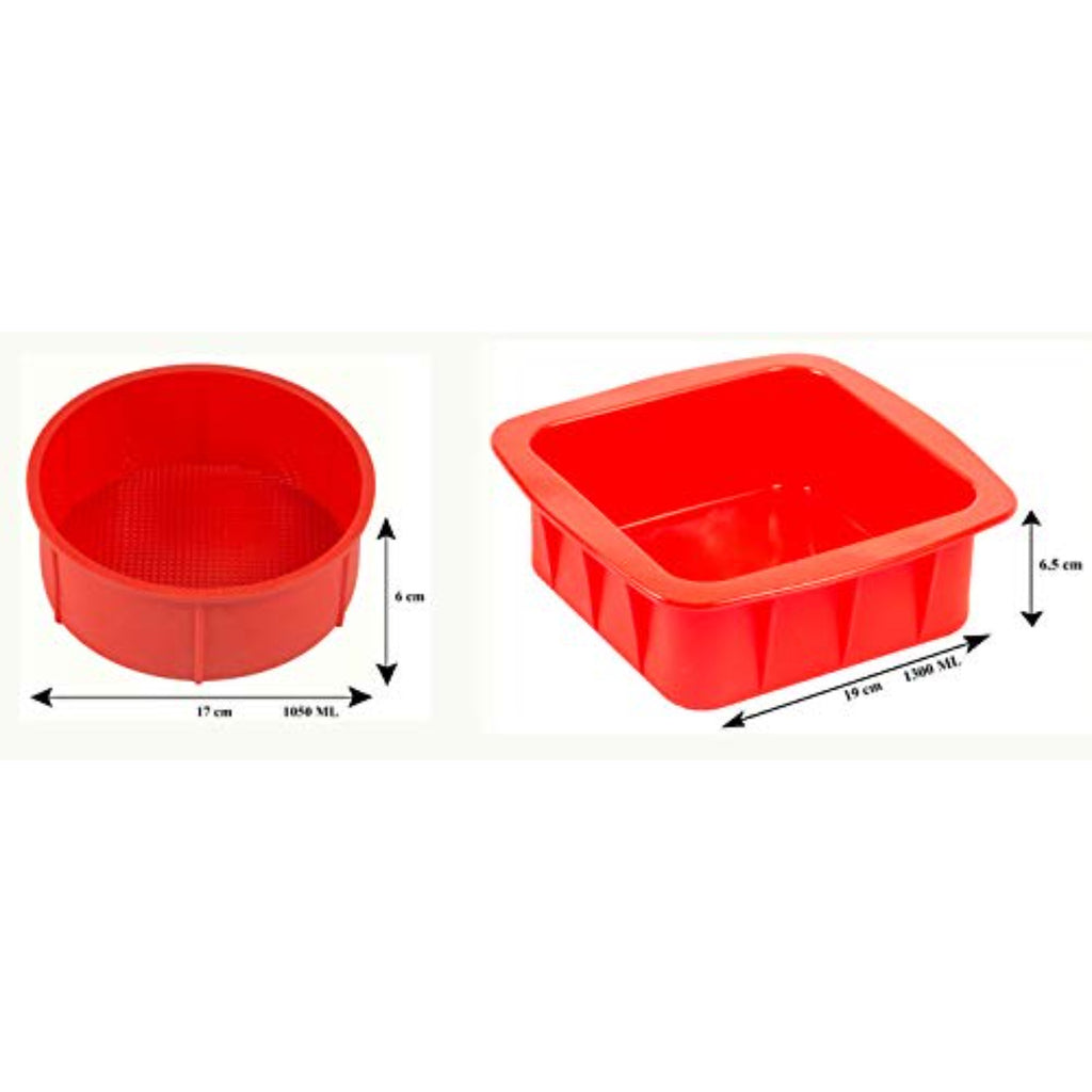Silicone Small Square and Round Shape Cake Mould for Half Kg, 2 Pcs, Red
