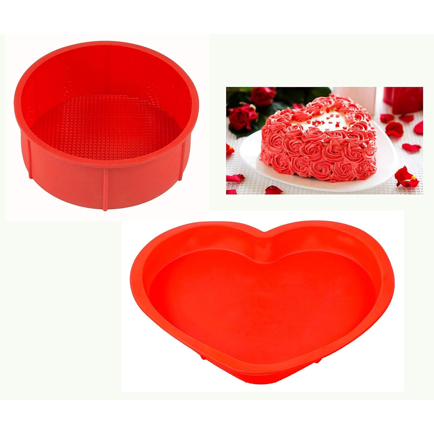 Silicone Small Round and Heart Shape Cake Mould for Half Kg, 2 Pcs, Red