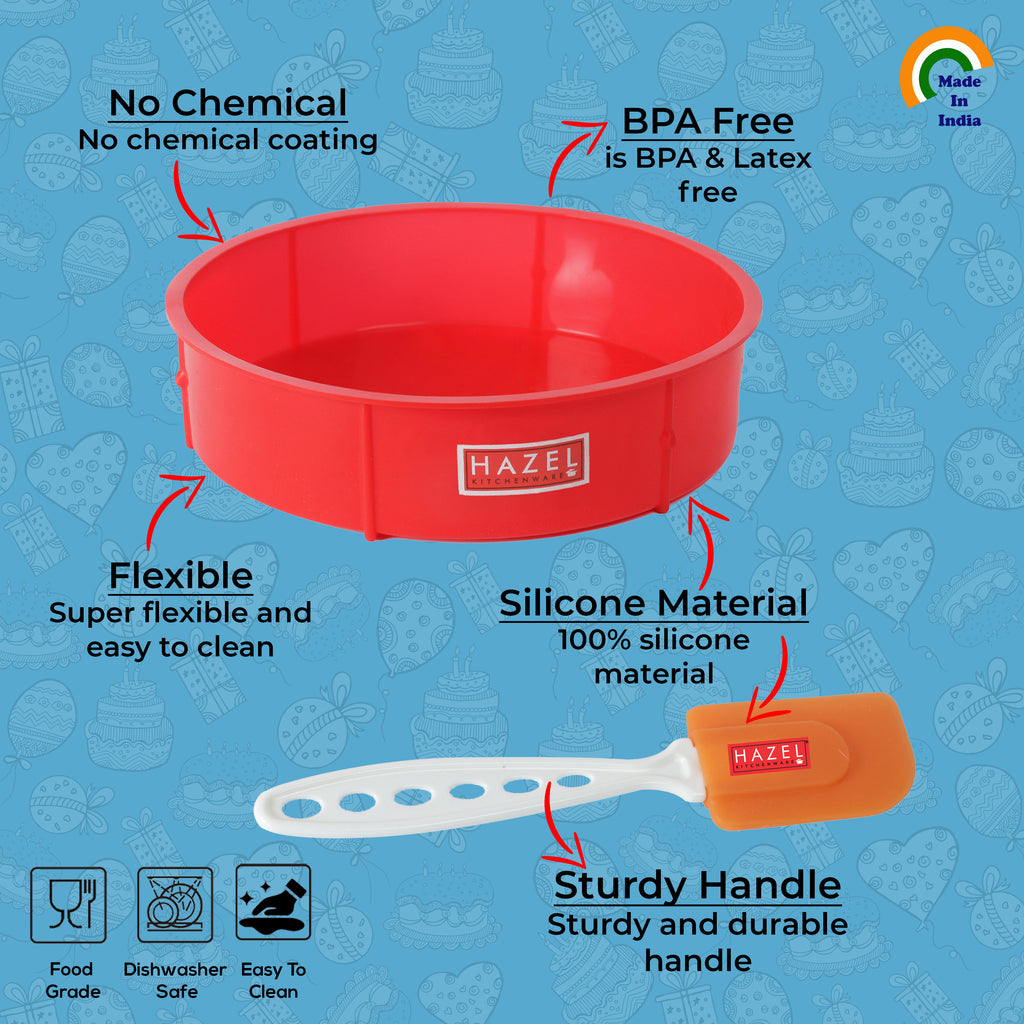 Silicone Small Round Shape Cake Mould for Half Kg, Red with Orange Spatula
