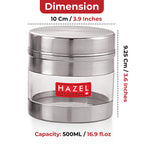 Transparent stainless steel container diagram showing 10 cm width, 9.25 cm height, and 500 ml capacity.