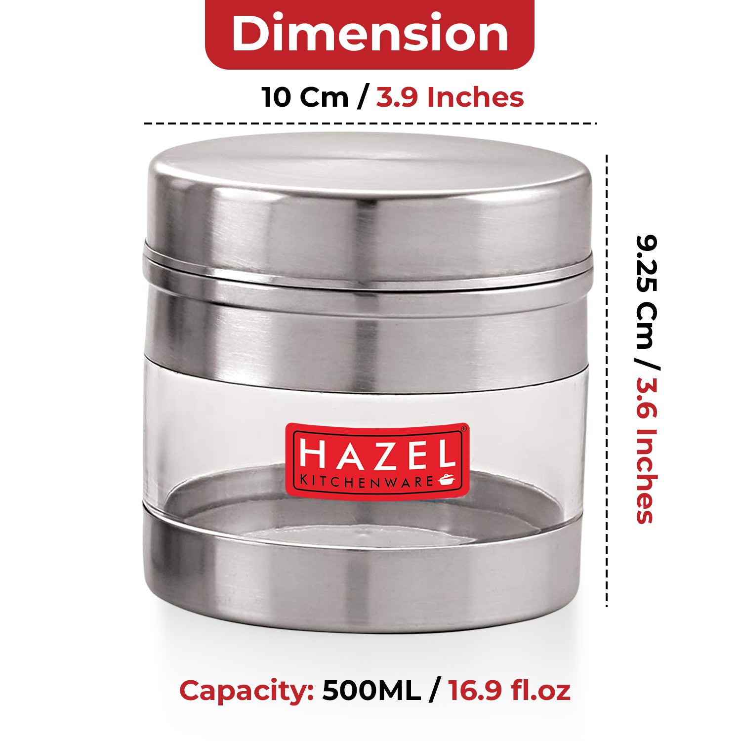 Transparent stainless steel container diagram showing 10 cm width, 9.25 cm height, and 500 ml capacity.