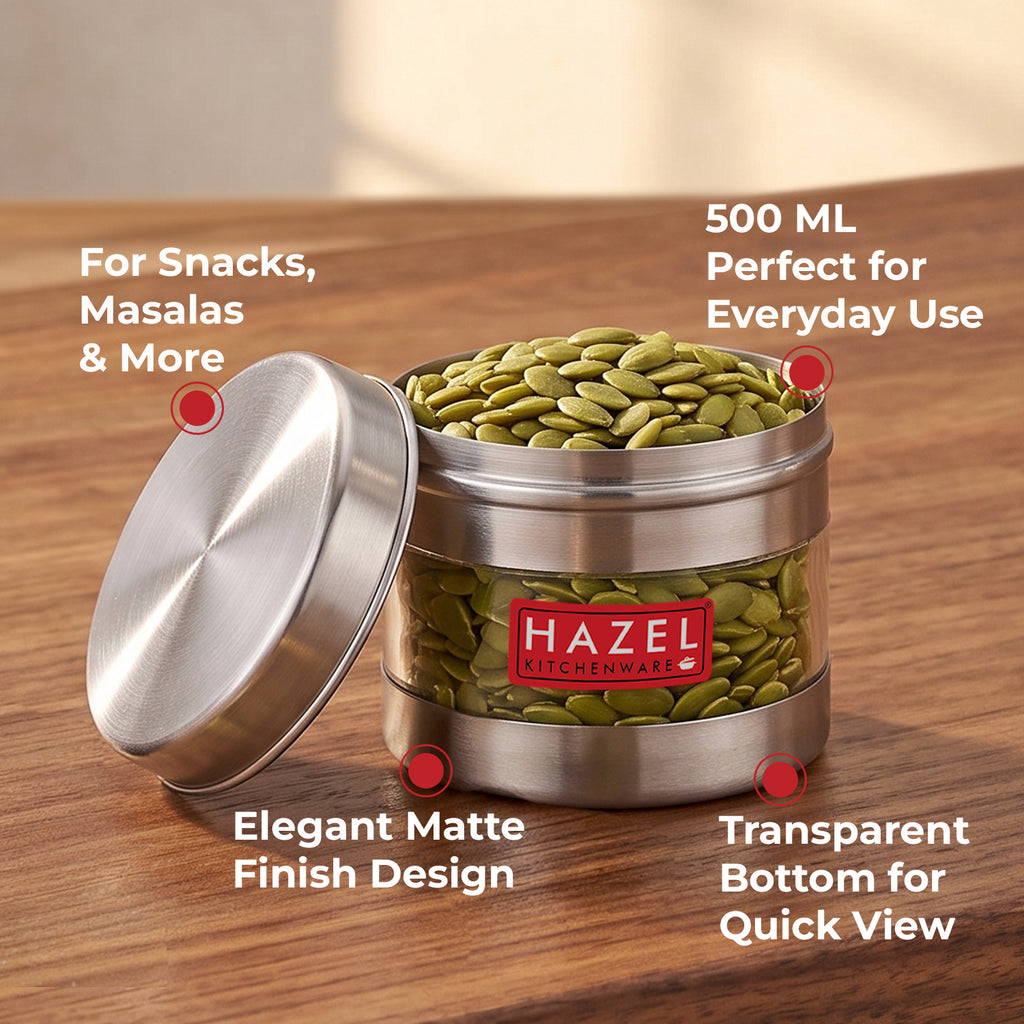 500 ML transparent steel container filled with pumpkin seeds, with its lid beside it and feature callouts.