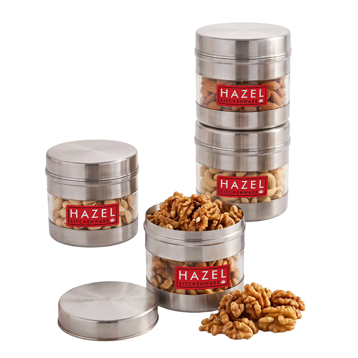 Stainless Steel Transparent Container with metal lid and clear central viewing band in a close view