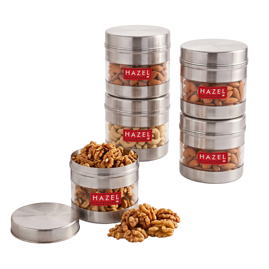 Close view of Stainless Steel Transparent Container - Set of 5, 500 ML Each.