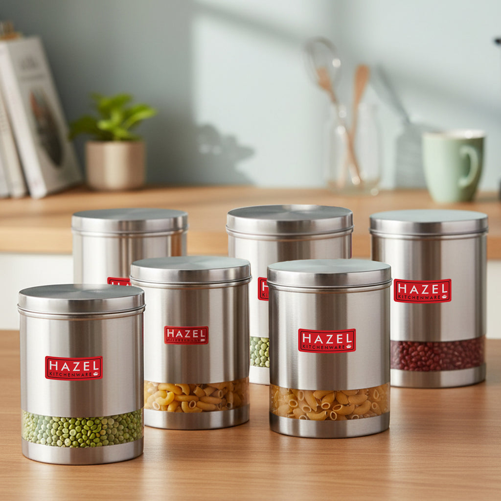 Stainless Steel Transparent Wide Mouth See Through Container, Silver, Set of 6, 1350 Ml