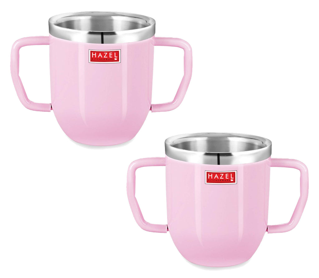 Double Wall Stainless Steel Double Handle Baby Mug for Kids Gifting, 250 ml, Set of 2, Pink