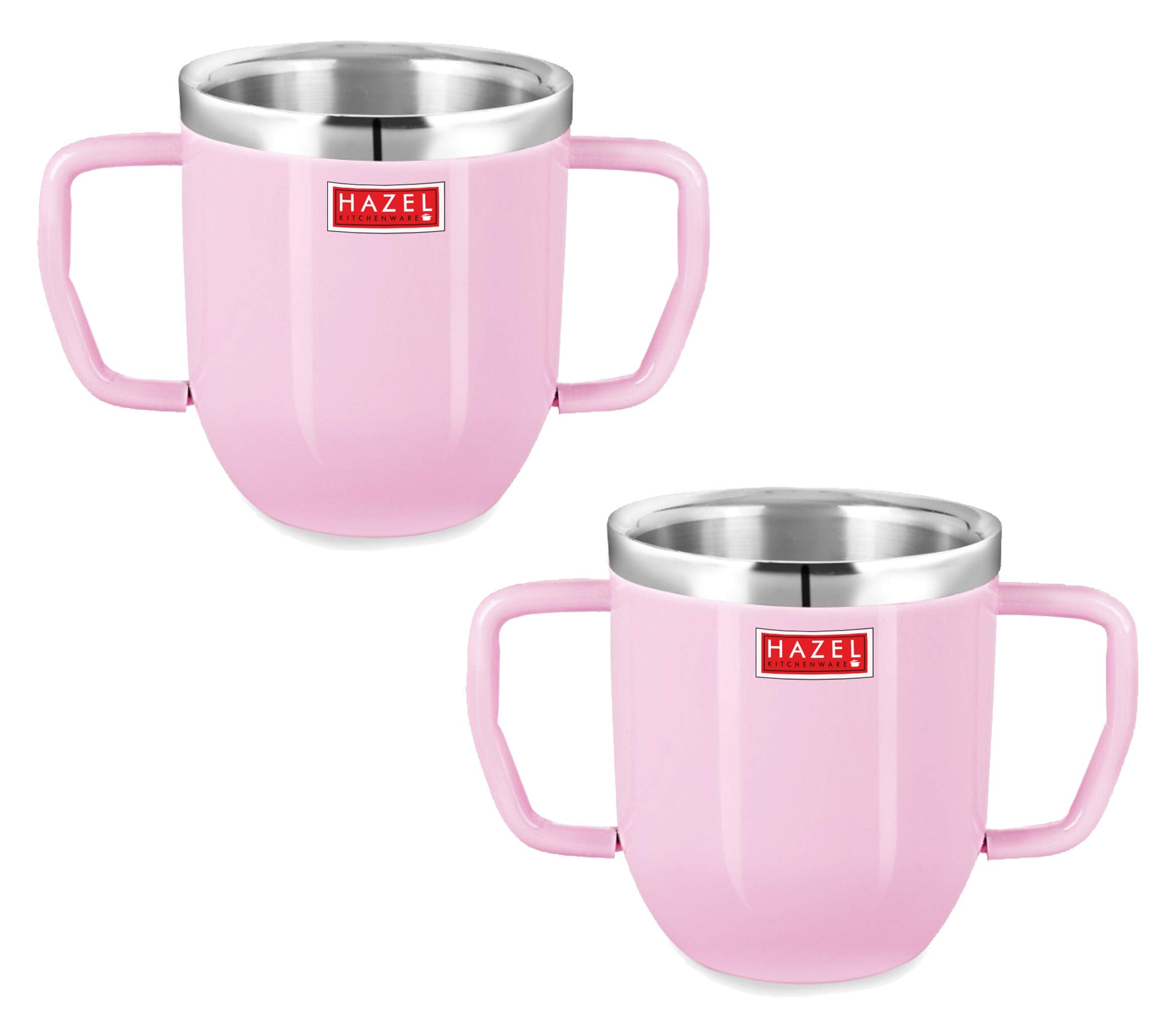 Double Wall Stainless Steel Double Handle Baby Mug for Kids Gifting, 250 ml, Set of 2, Pink