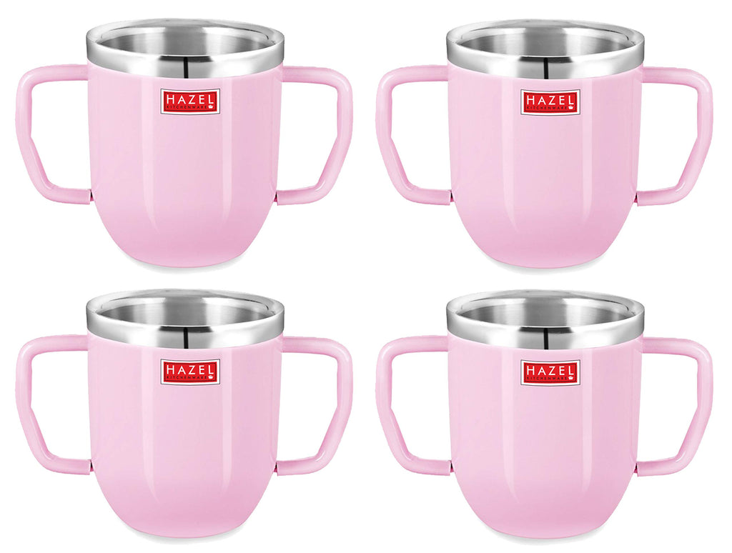 Double Wall Stainless Steel Double Handle Baby Mug for Kids Gifting, 250 ML, Set of 4, Pink