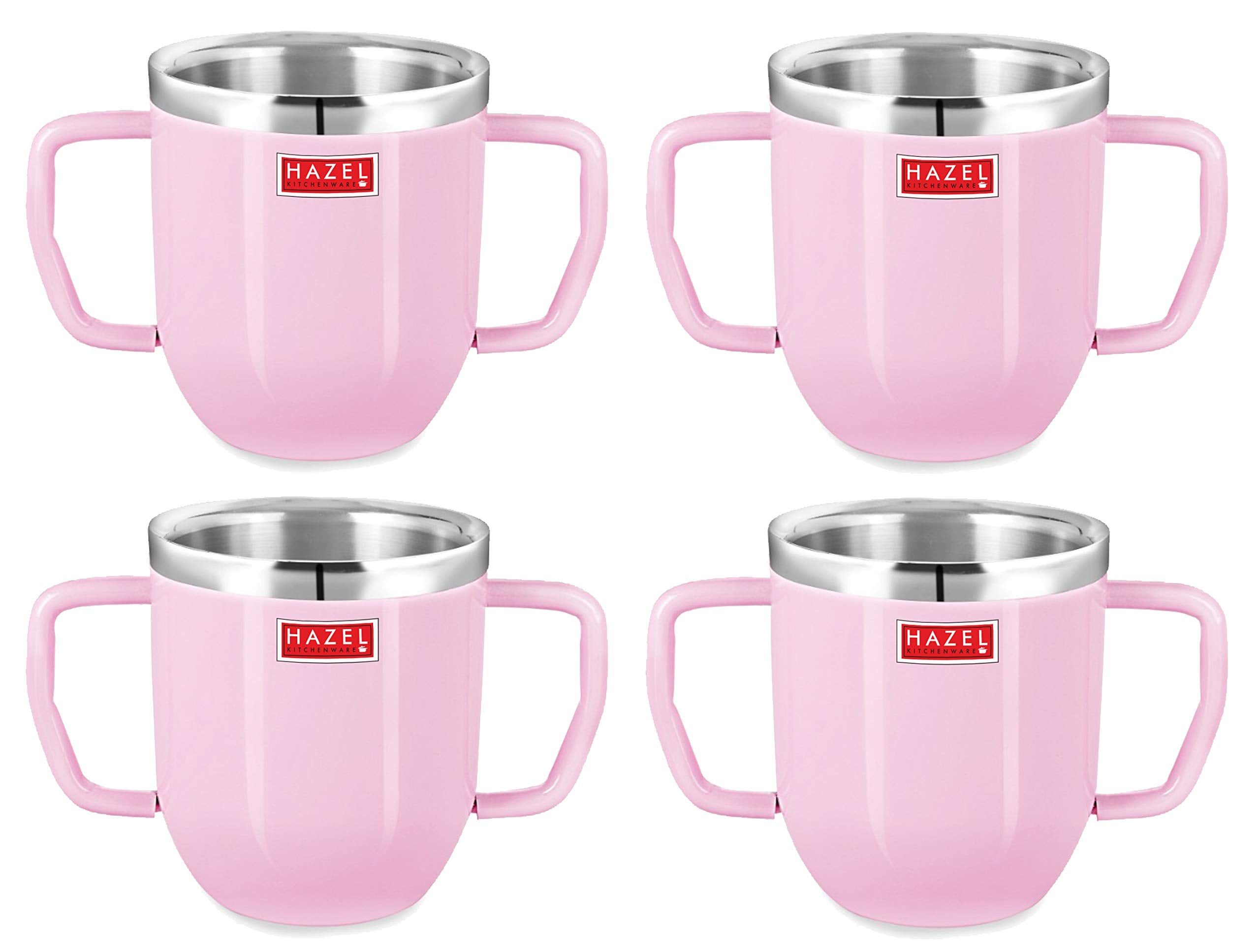 Double Wall Stainless Steel Double Handle Baby Mug for Kids Gifting, 250 ML, Set of 4, Pink
