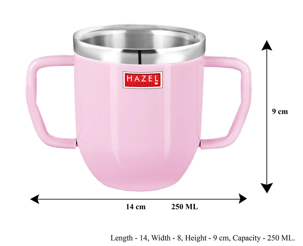 Double Wall Stainless Steel Double Handle Baby Mug for Kids Gifting, 250 ML, Set of 4, Pink
