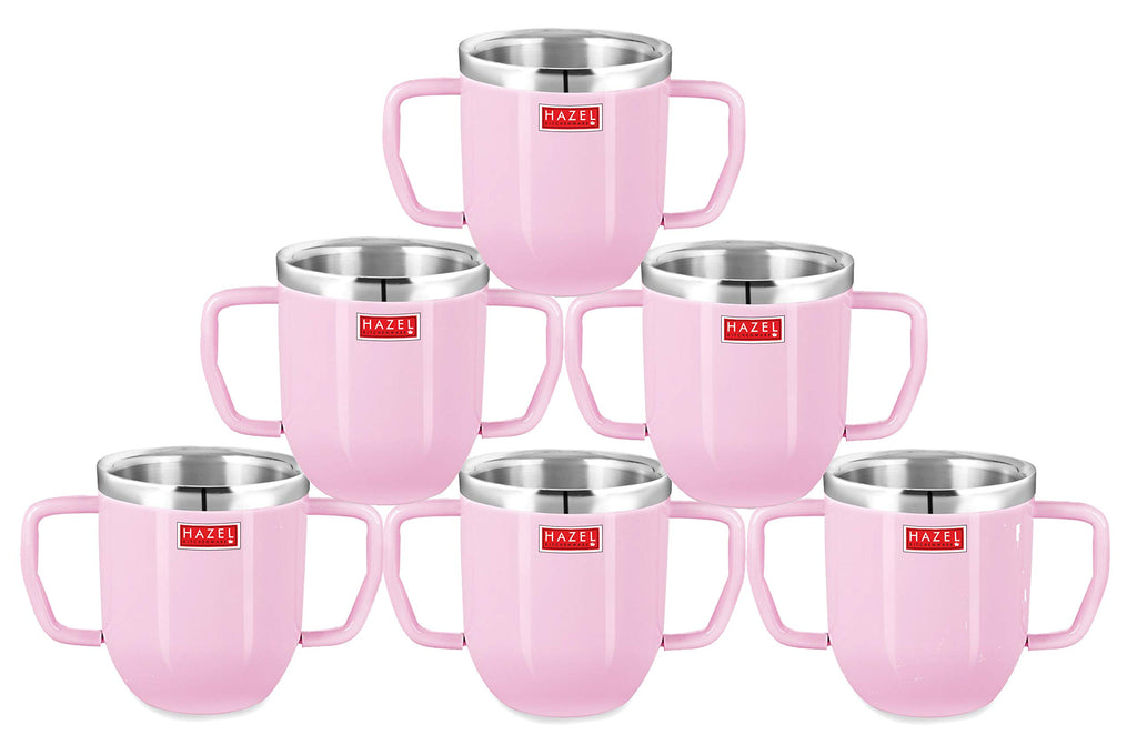 Double Wall Stainless Steel Double Handle Baby Mug for Kids Gifting, 250 ML, Set of 6, Pink