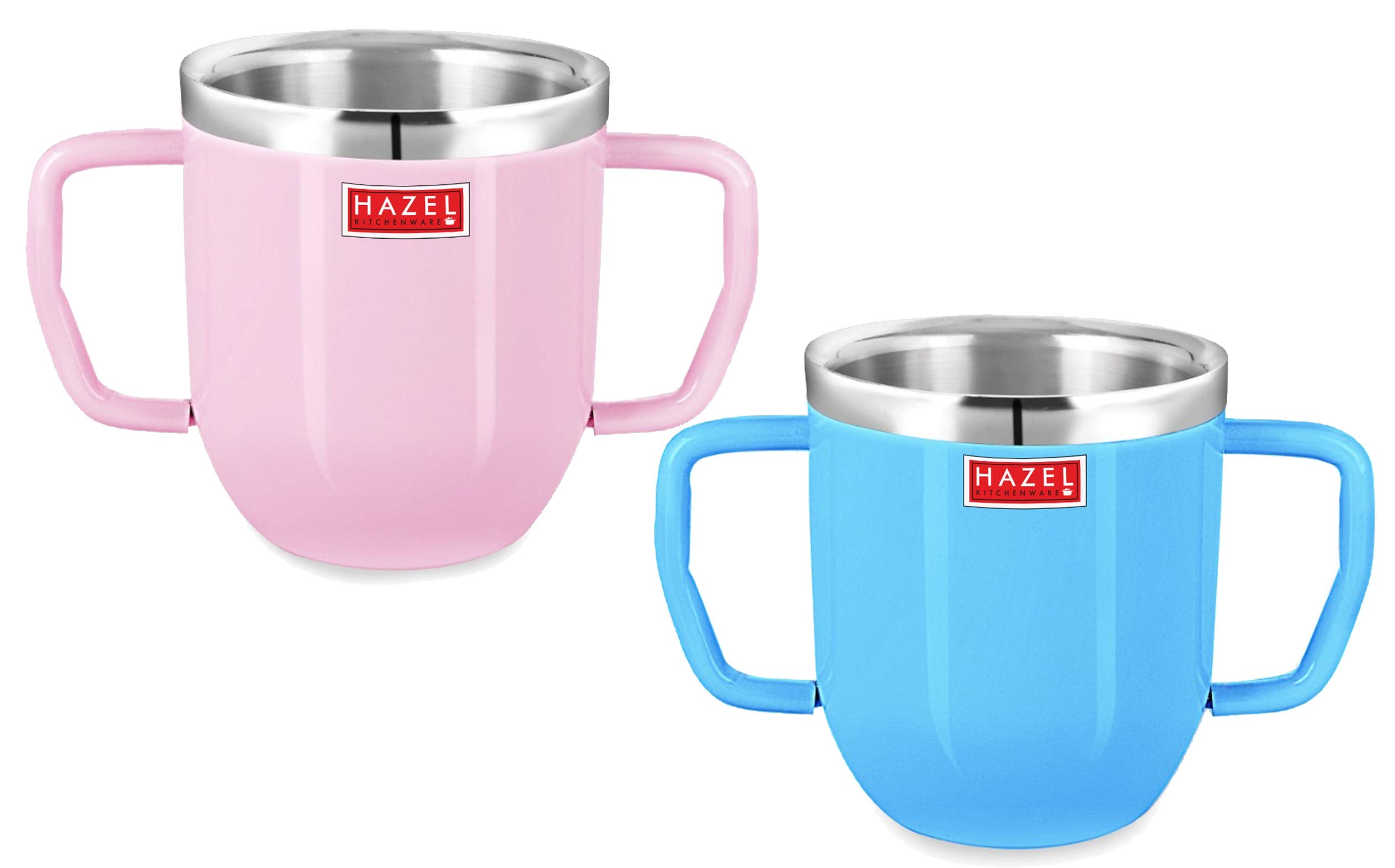 Double Wall Stainless Steel Double Handle Baby Mug for Kids Gifting, 250 ML, Set of 2, Pink & Blue