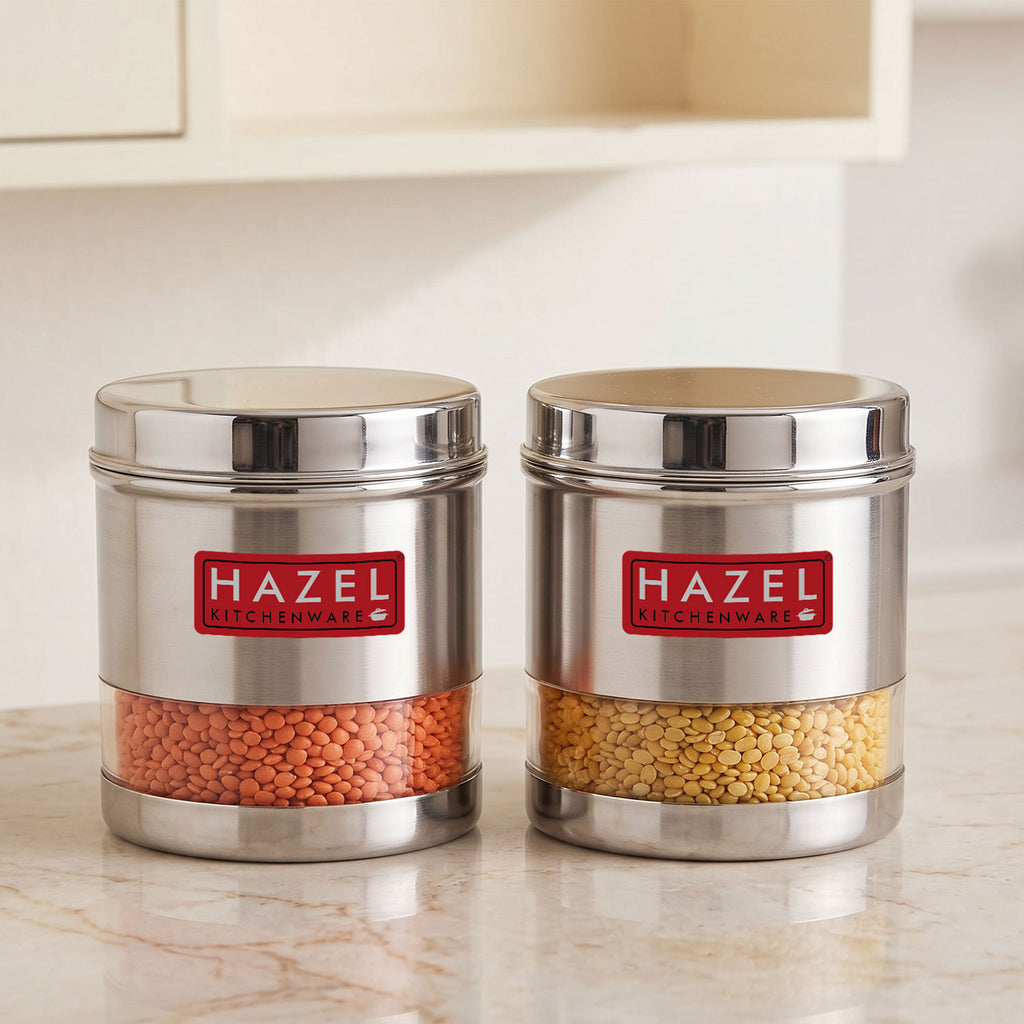 Stainless Steel Transparent Wide Mouth See Through Container, Silver, Set of 2, 1100 ml