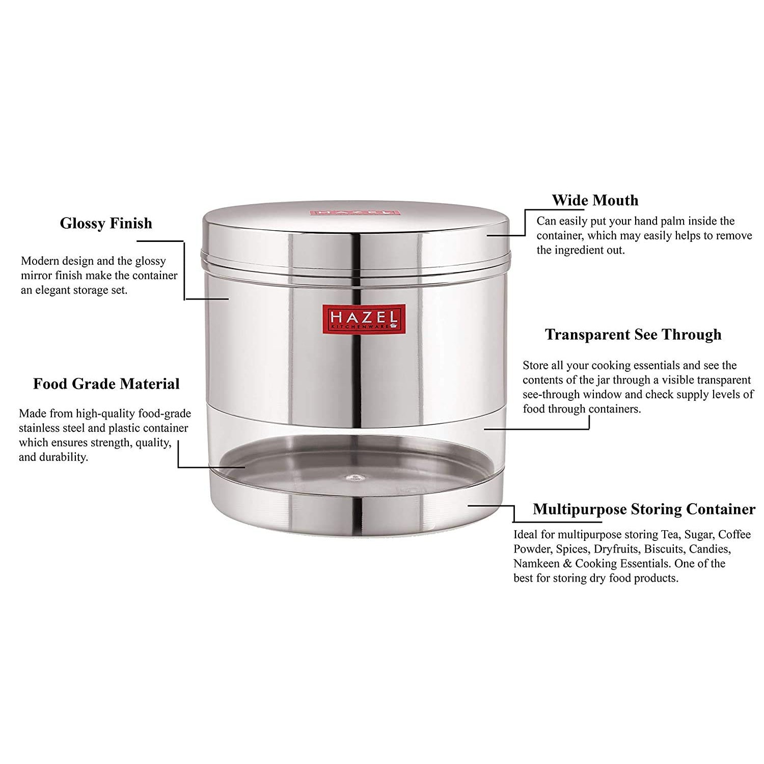 Stainless Steel Transparent Wide Mouth See Through Container, Silver, Set of 2, 1100 ml