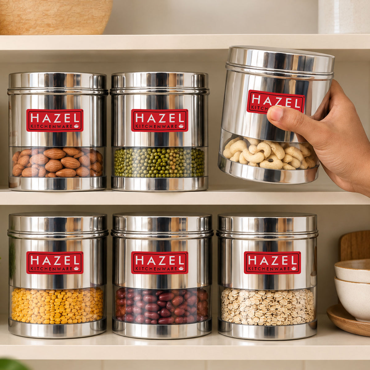 Stainless Steel Transparent Wide Mouth See Through Container, Silver, Set of 2, 1100 ml