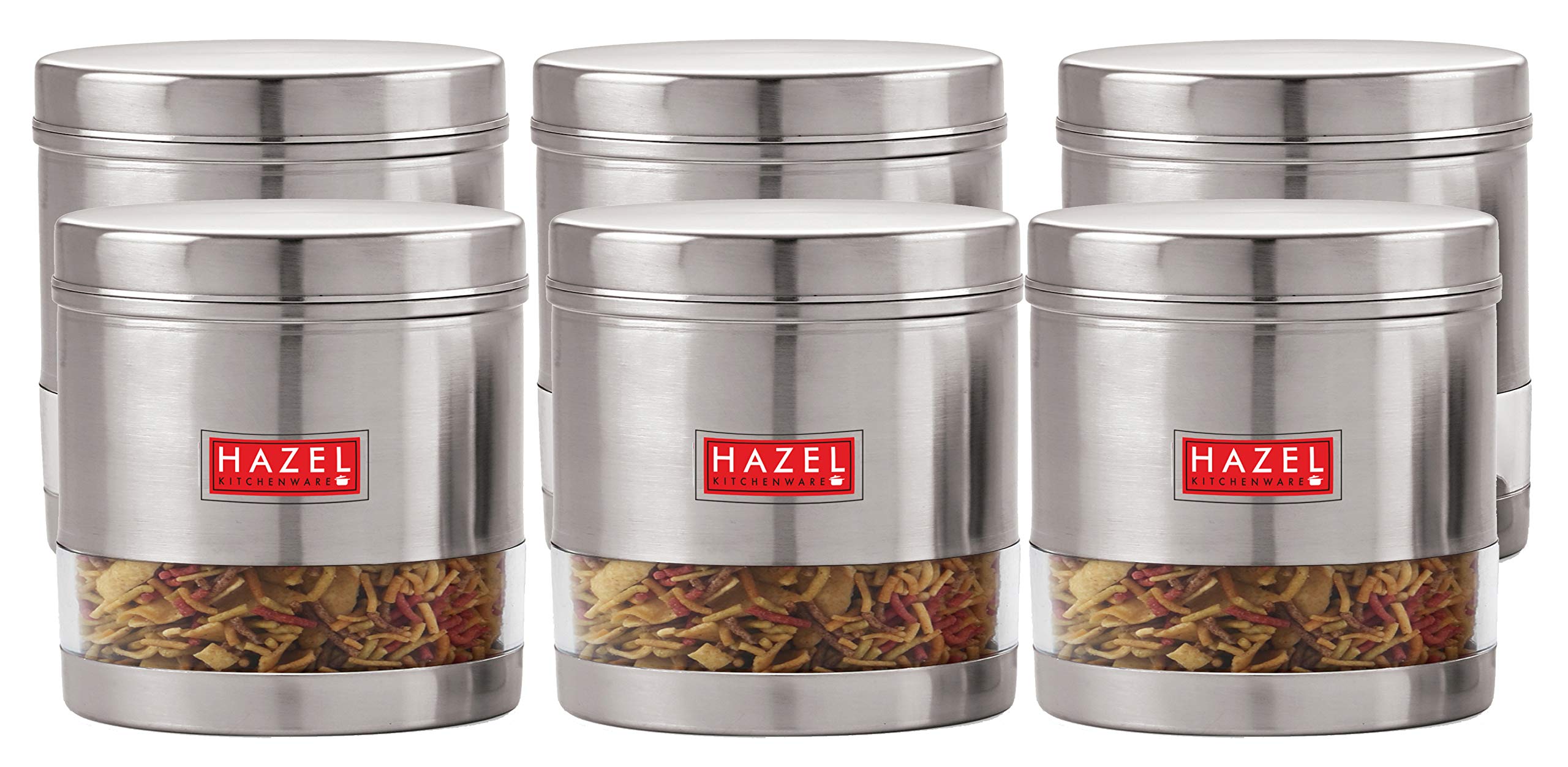 Stainless Steel Transparent Wide Mouth See Through Container, Silver, Set of 6, 1100 Ml
