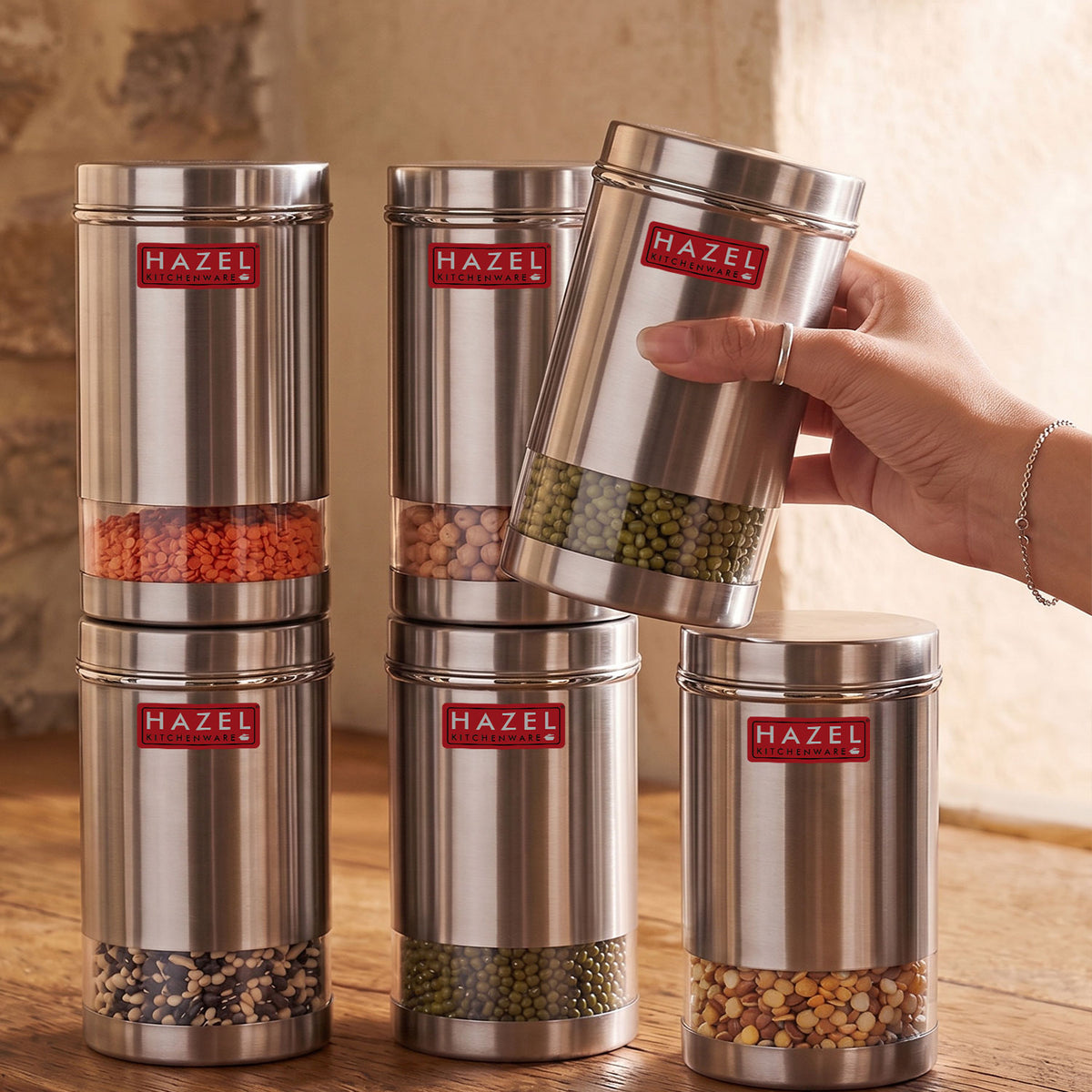 Stainless Steel Kitchen Containers, Transparent Storage Set, 6 Pcs, 1700 ml