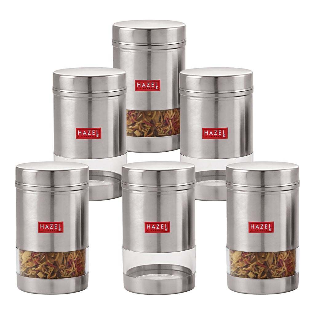 Stainless Steel Kitchen Containers, Transparent Storage Set, 6 Pcs, 1700 ml