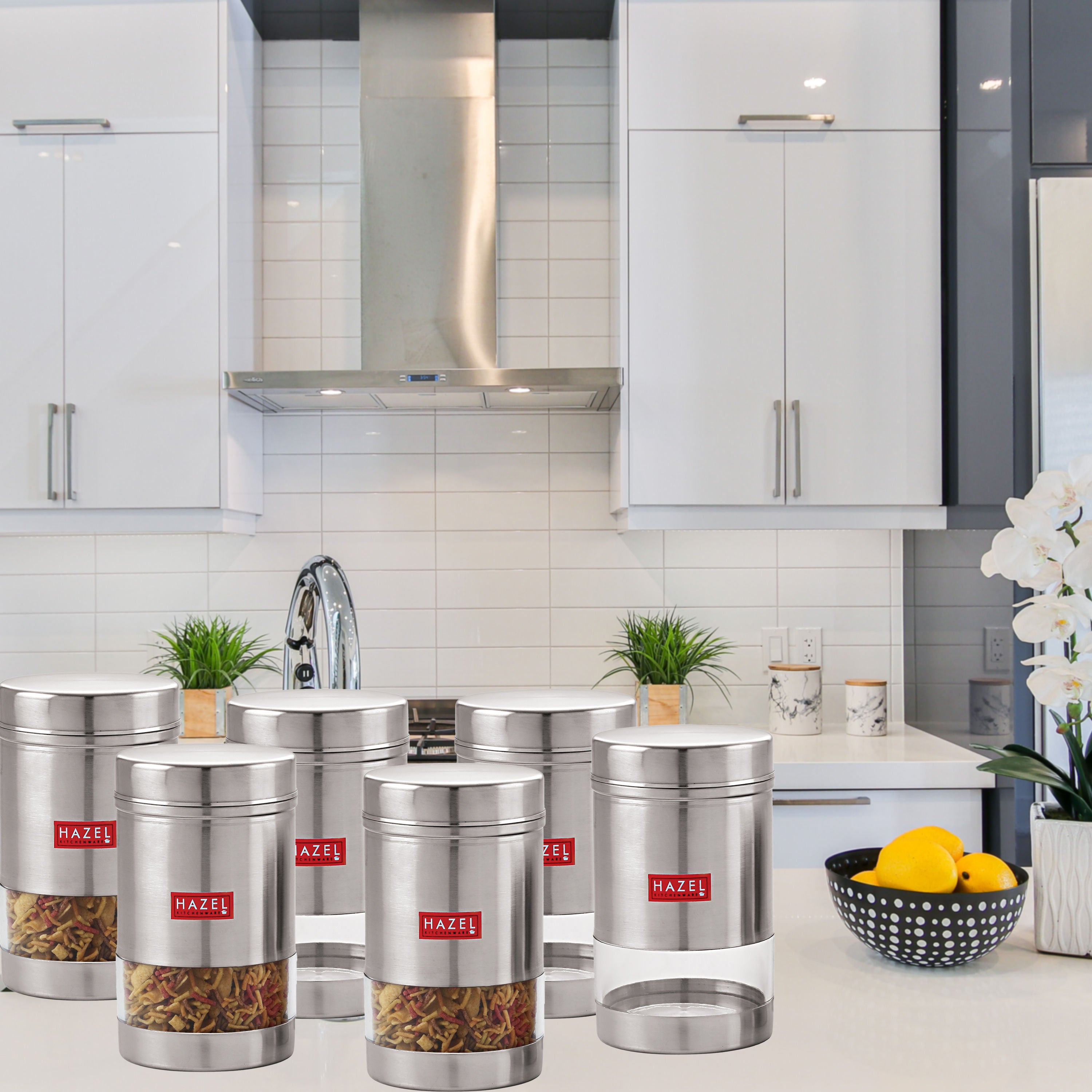 Stainless Steel Kitchen Containers, Transparent Storage Set, 6 Pcs, 1700 ml