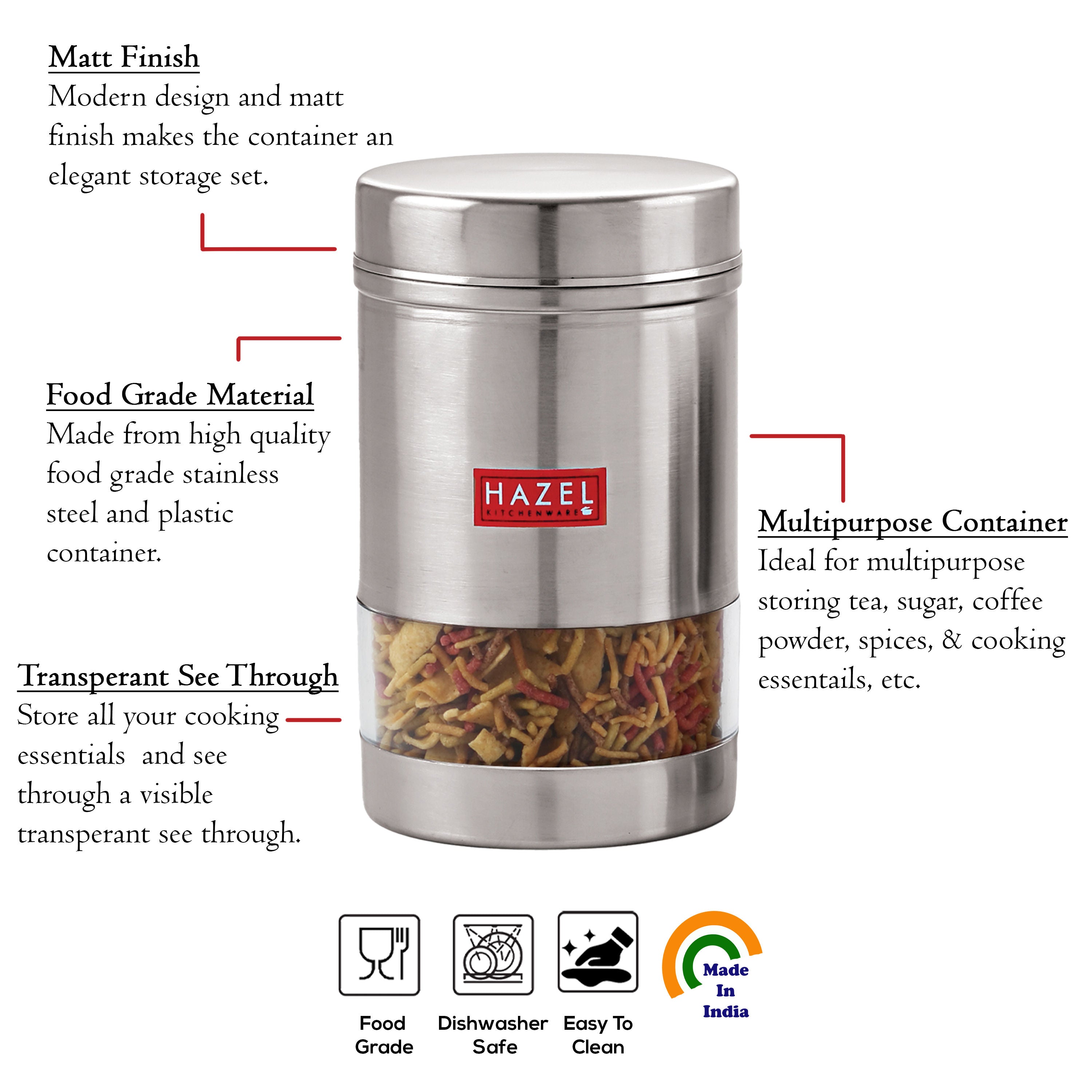 Stainless Steel Kitchen Containers, Transparent Storage Set, 6 Pcs, 1700 ml