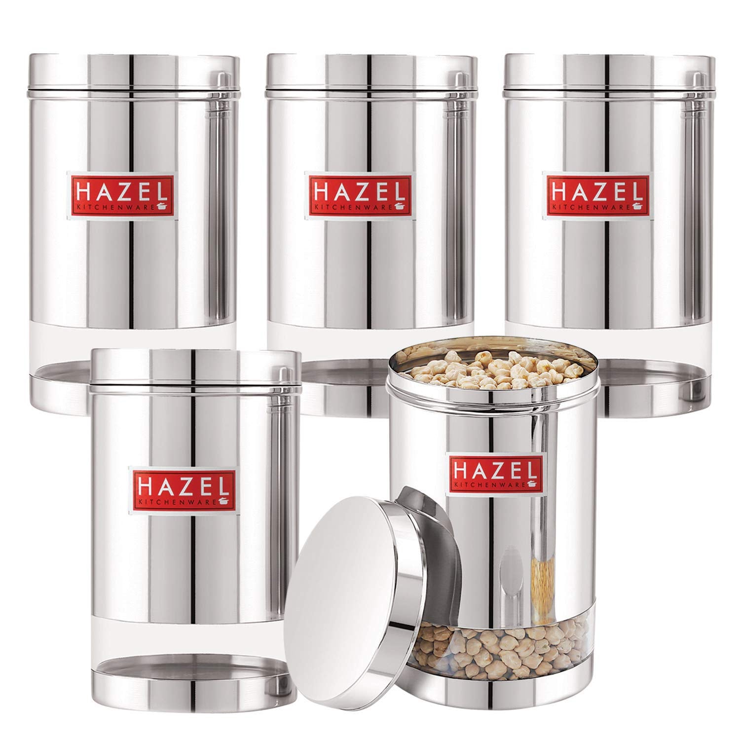Stainless Steel Transparent Glossy Finish See Through Container, Silver, Set of 5, 1700 ml