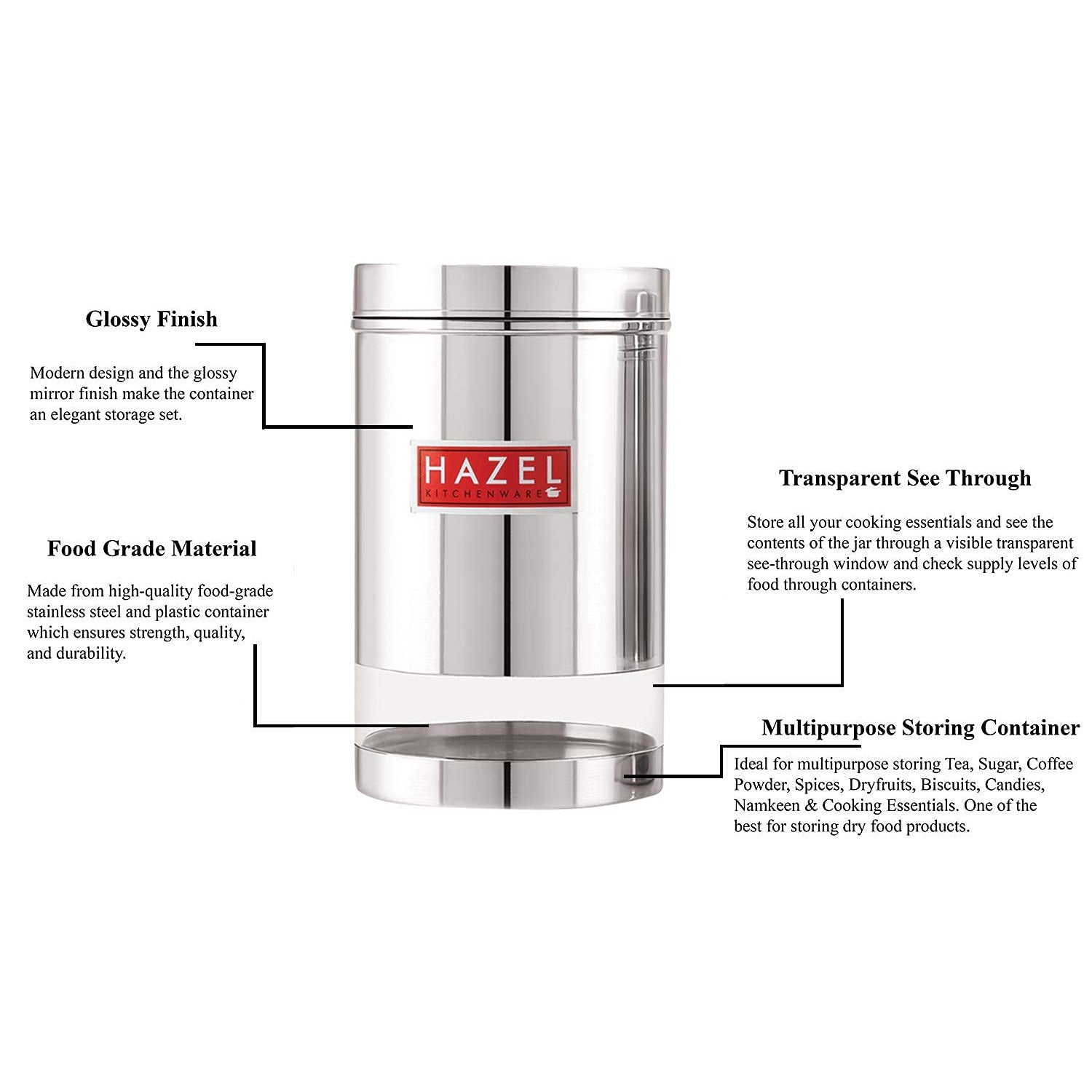 Stainless Steel Transparent Glossy Finish See Through Container, Silver, Set of 5, 1700 ml