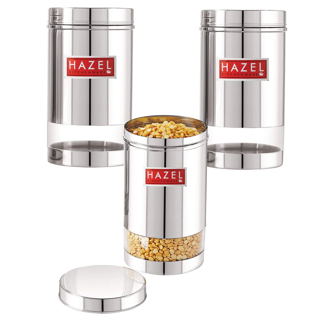 Stainless Steel Transparent Glossy Finish See Through Container, Silver, Set of 3, 1200 ml