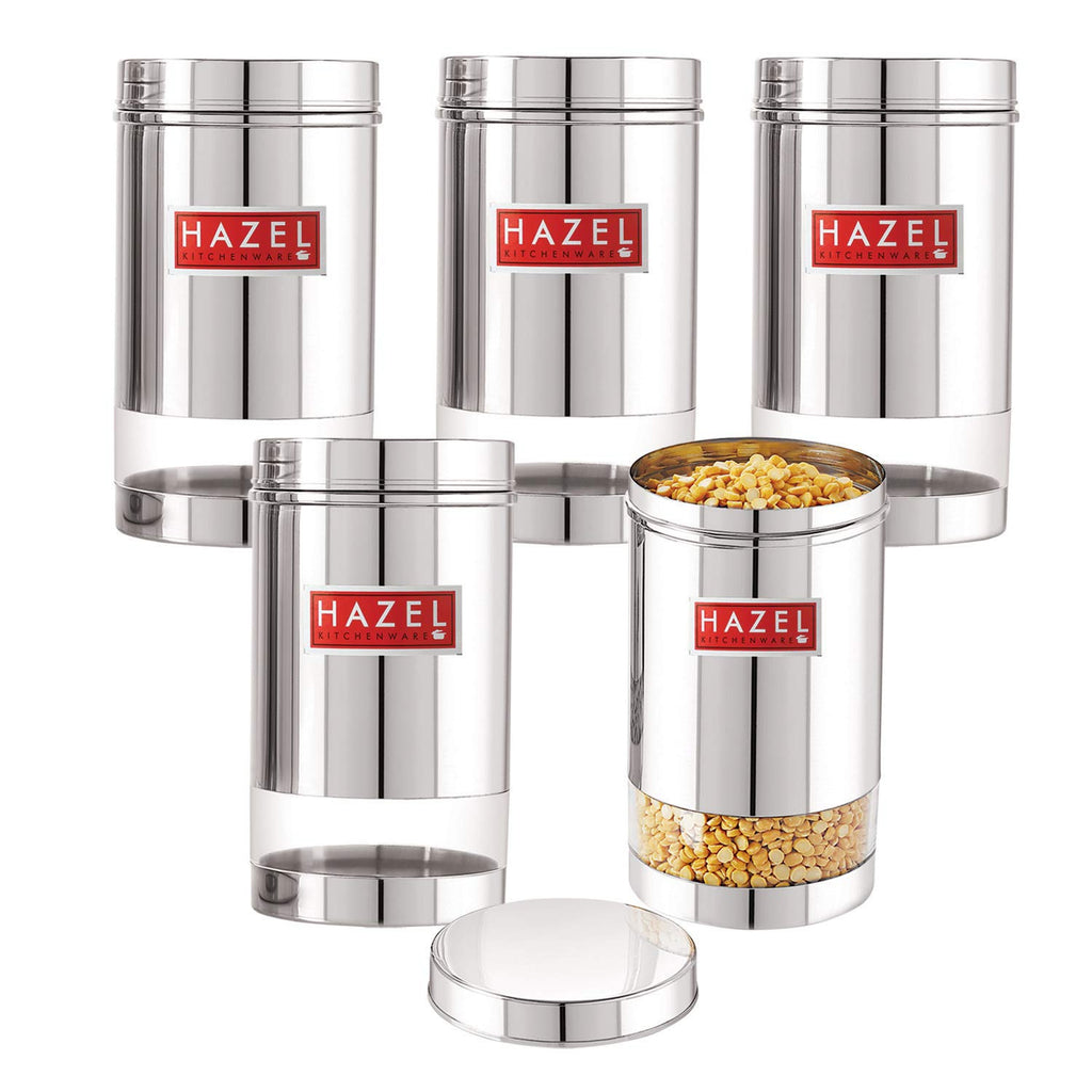 Stainless Steel Transparent Glossy Finish See Through Container, Silver, Set of 5, 1200 ml