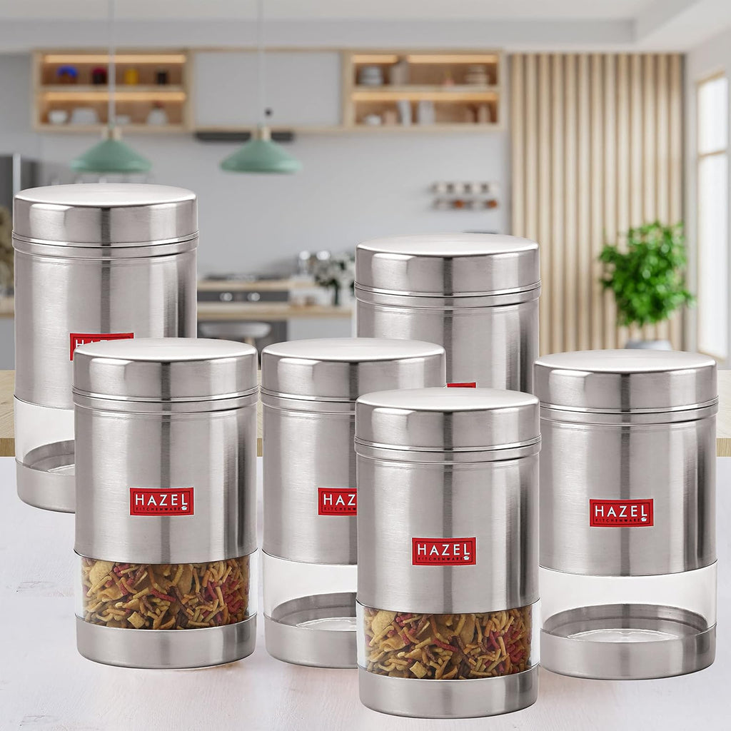 Stainless Steel Transparent Glossy Finish See Through Container, Silver, Set of 6, 1200 ml