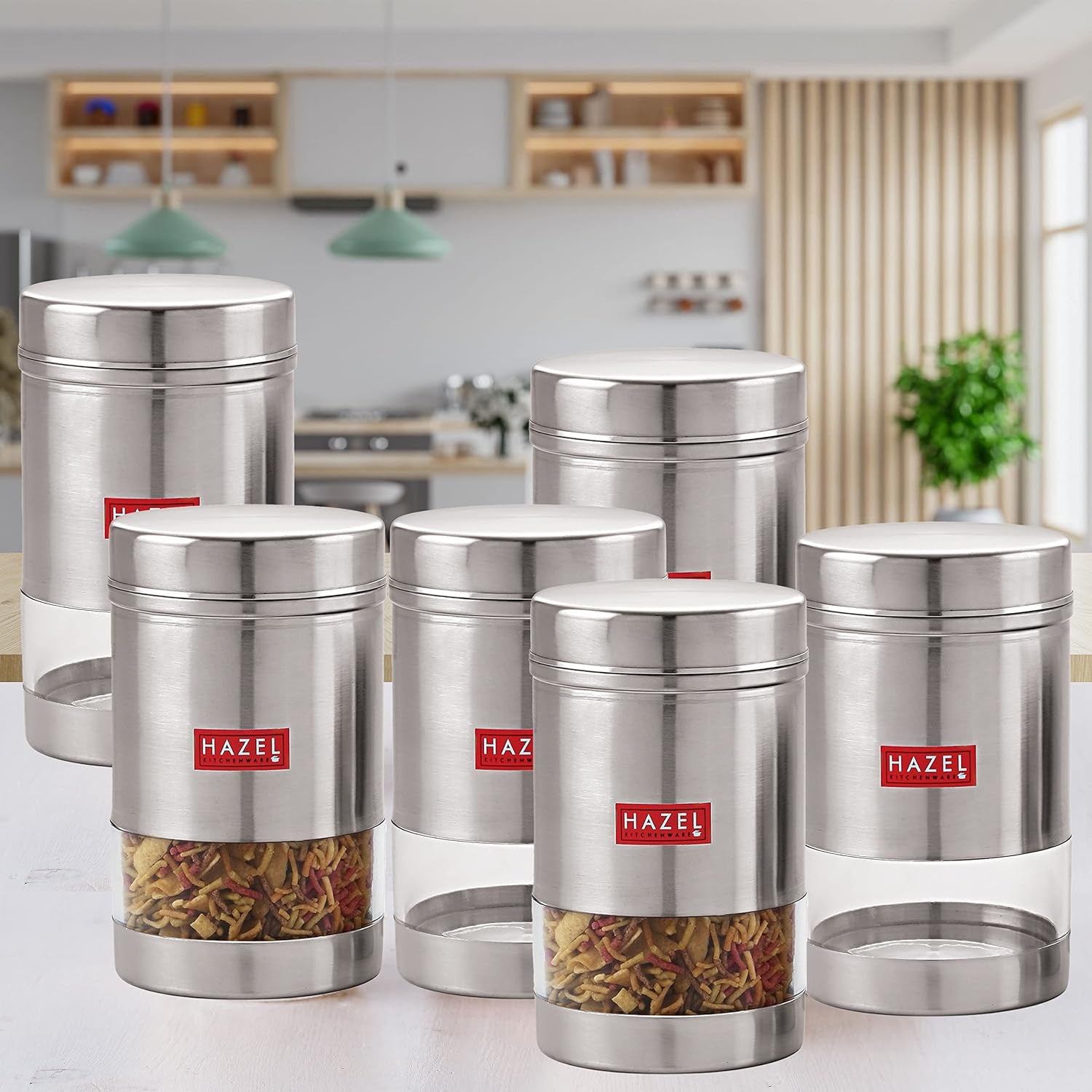 Stainless Steel Transparent Glossy Finish See Through Container, Silver, Set of 6, 1200 ml