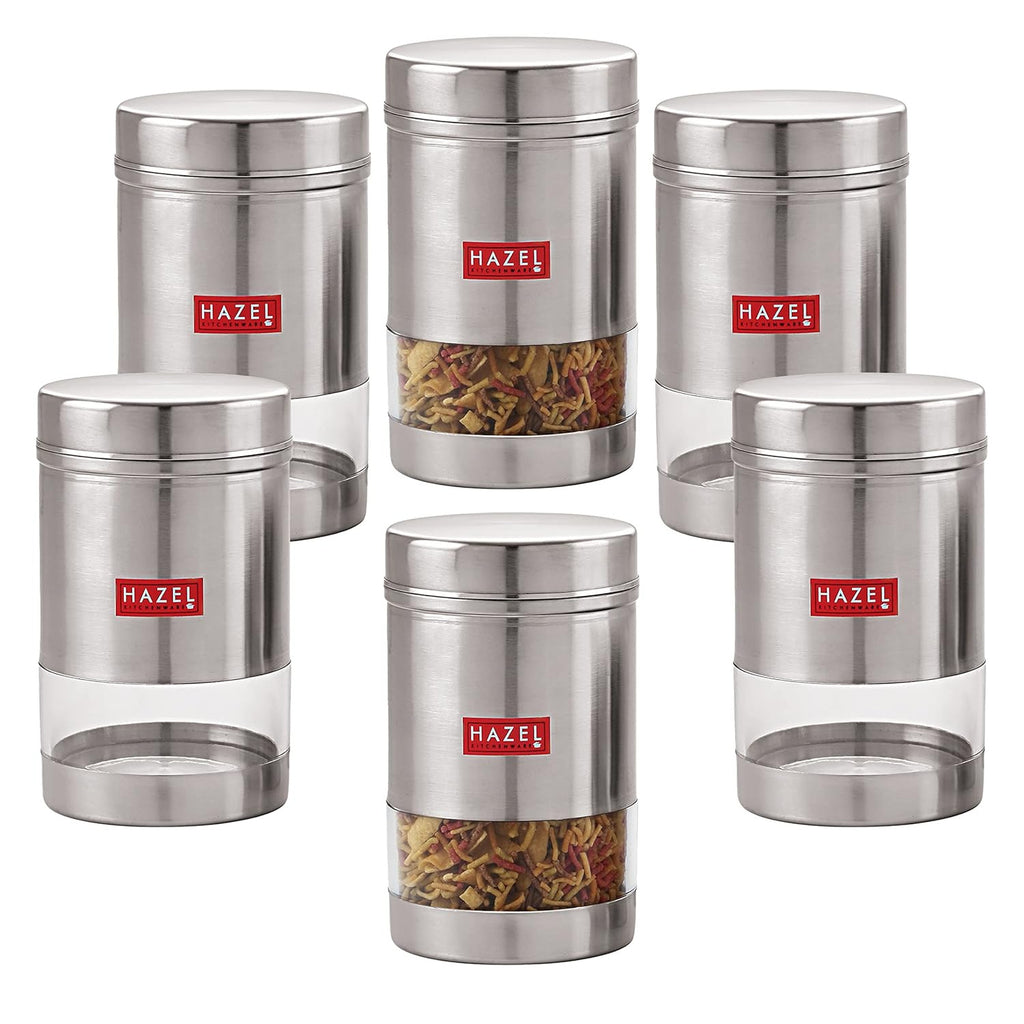 Stainless Steel Transparent Glossy Finish See Through Container, Silver, Set of 6, 1200 ml