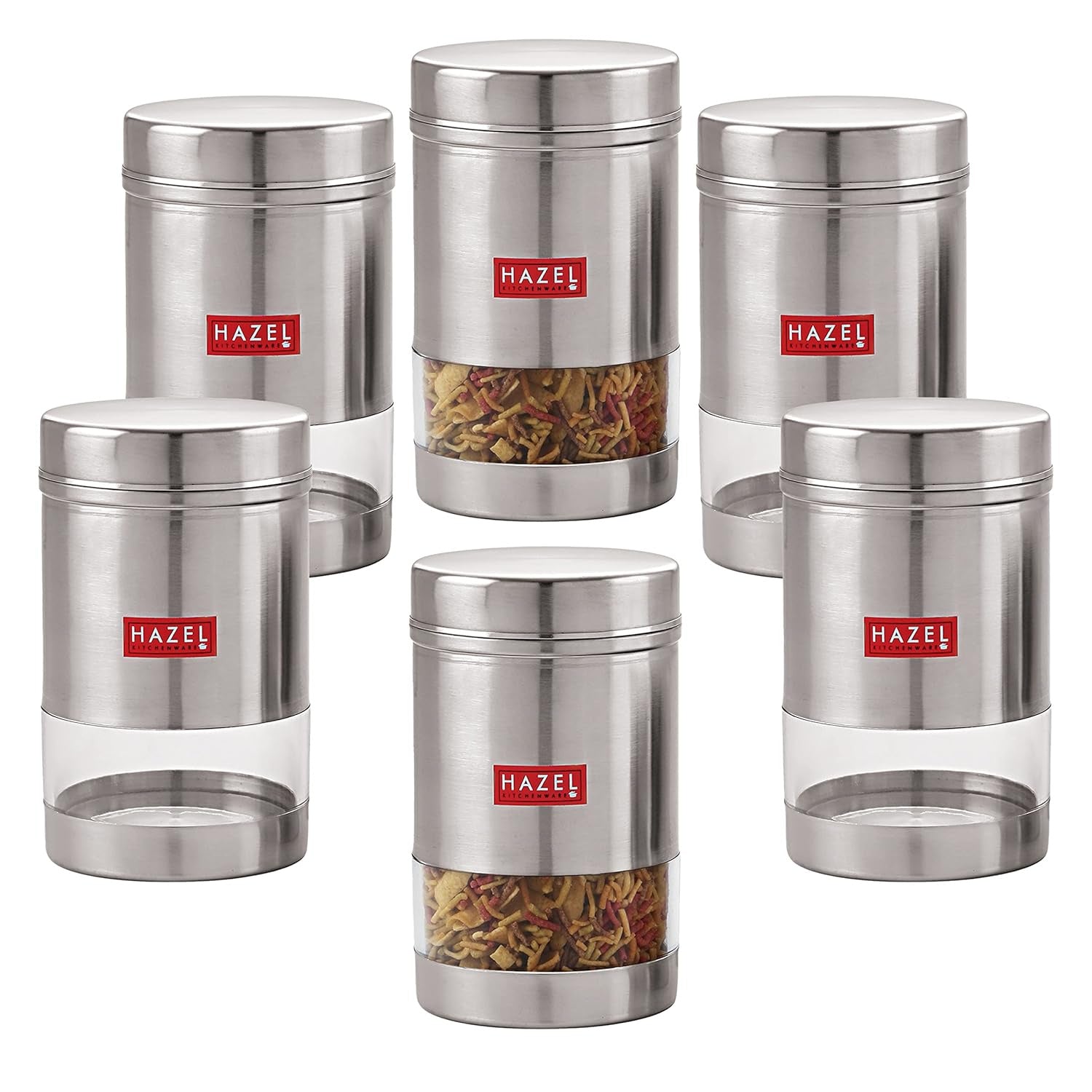 Stainless Steel Transparent Glossy Finish See Through Container, Silver, Set of 6, 1200 ml
