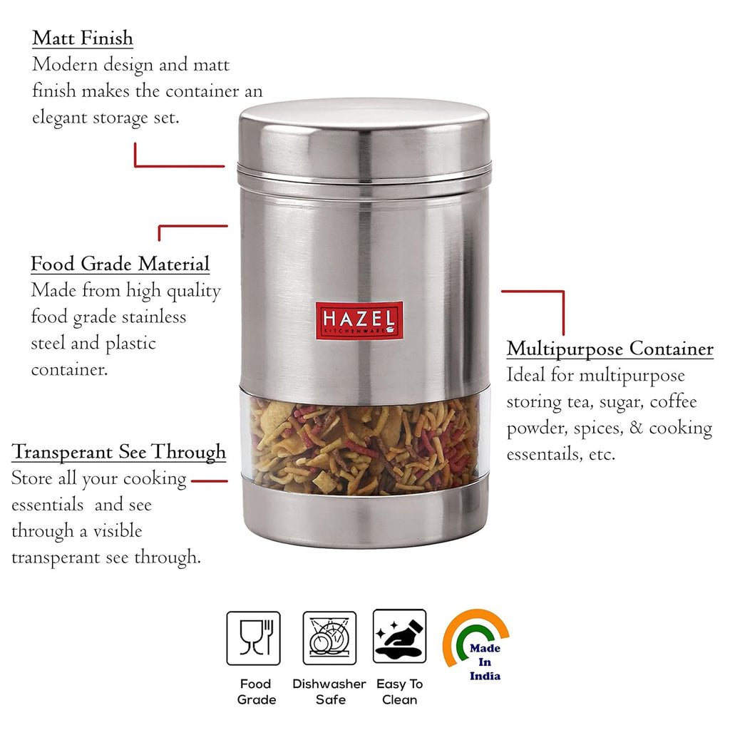 Stainless Steel Transparent Glossy Finish See Through Container, Silver, Set of 6, 1200 ml