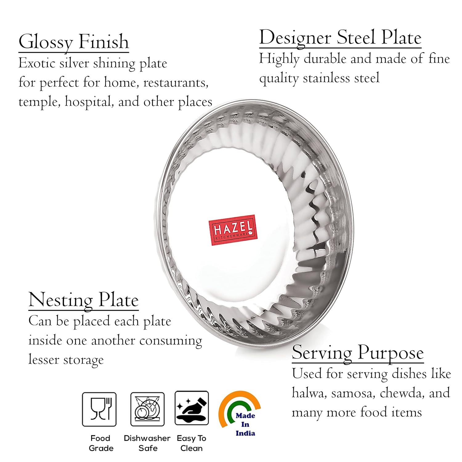 Stainless Steel Serving Sweet Dish Dessert Plate, Set of 24, 200 ml Each, Silver