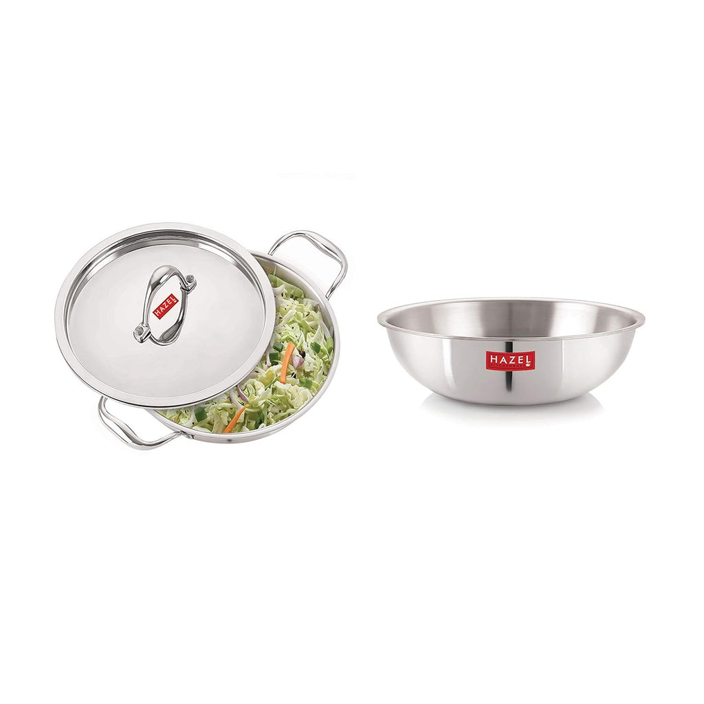 Triply Stainless Steel Induction Bottom Tasra and Kadhai With Steel Lid, 2.6 Litre, 24.5 cm