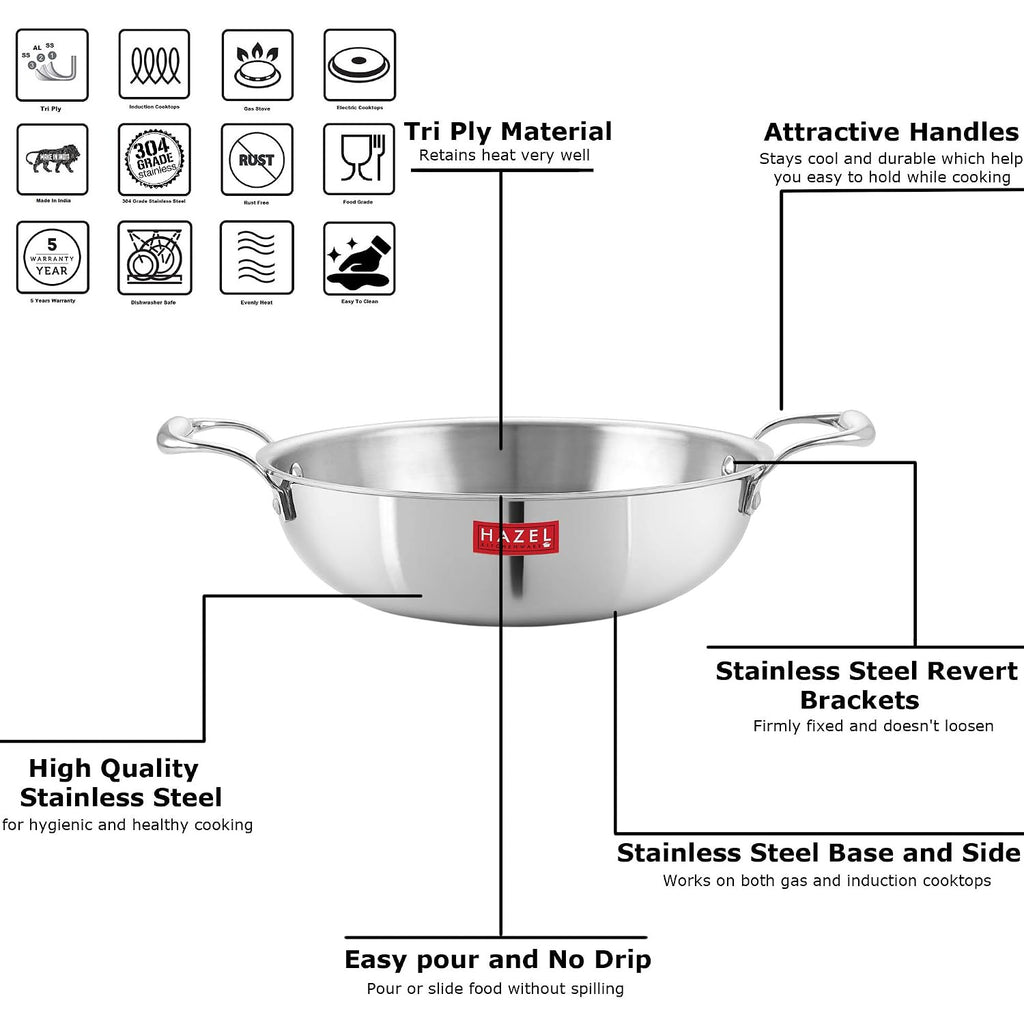 Triply Stainless Steel Induction Bottom Tasra and Kadhai With Steel Lid, 2.6 Litre, 24.5 cm