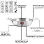 Triply Stainless Steel Induction Bottom Tasra and Kadhai With Steel Lid, 2.6 Litre, 24.5 cm