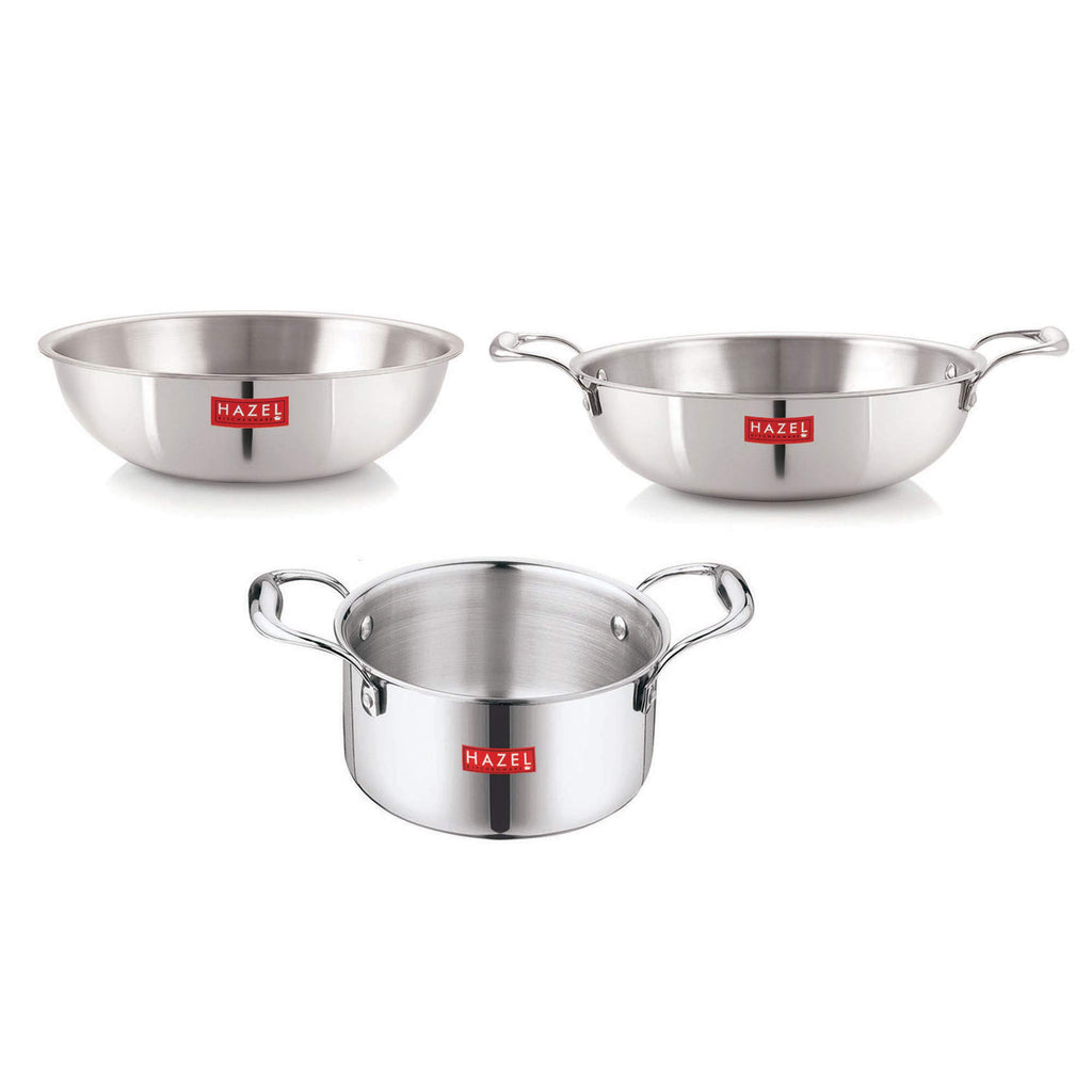 Triply Stainless Steel Induction Bottom Kadhai and Tasra 1.2 Litre, Tope With Handle 2300 ml