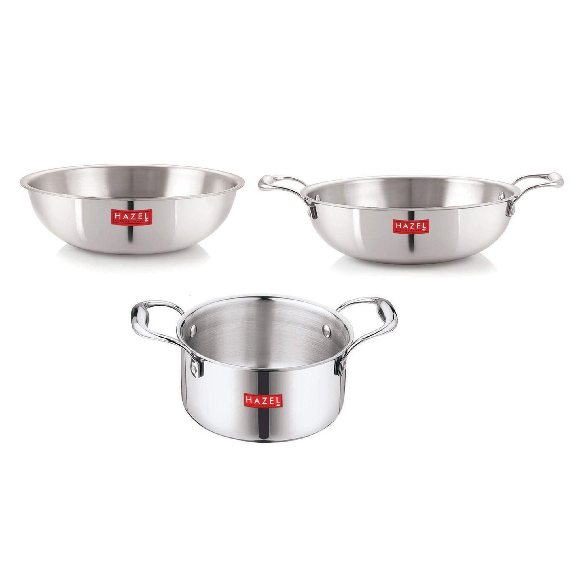 Triply Stainless Steel Induction Bottom Kadhai and Tasra 1.2 Litre, Tope With Handle 2300 ml