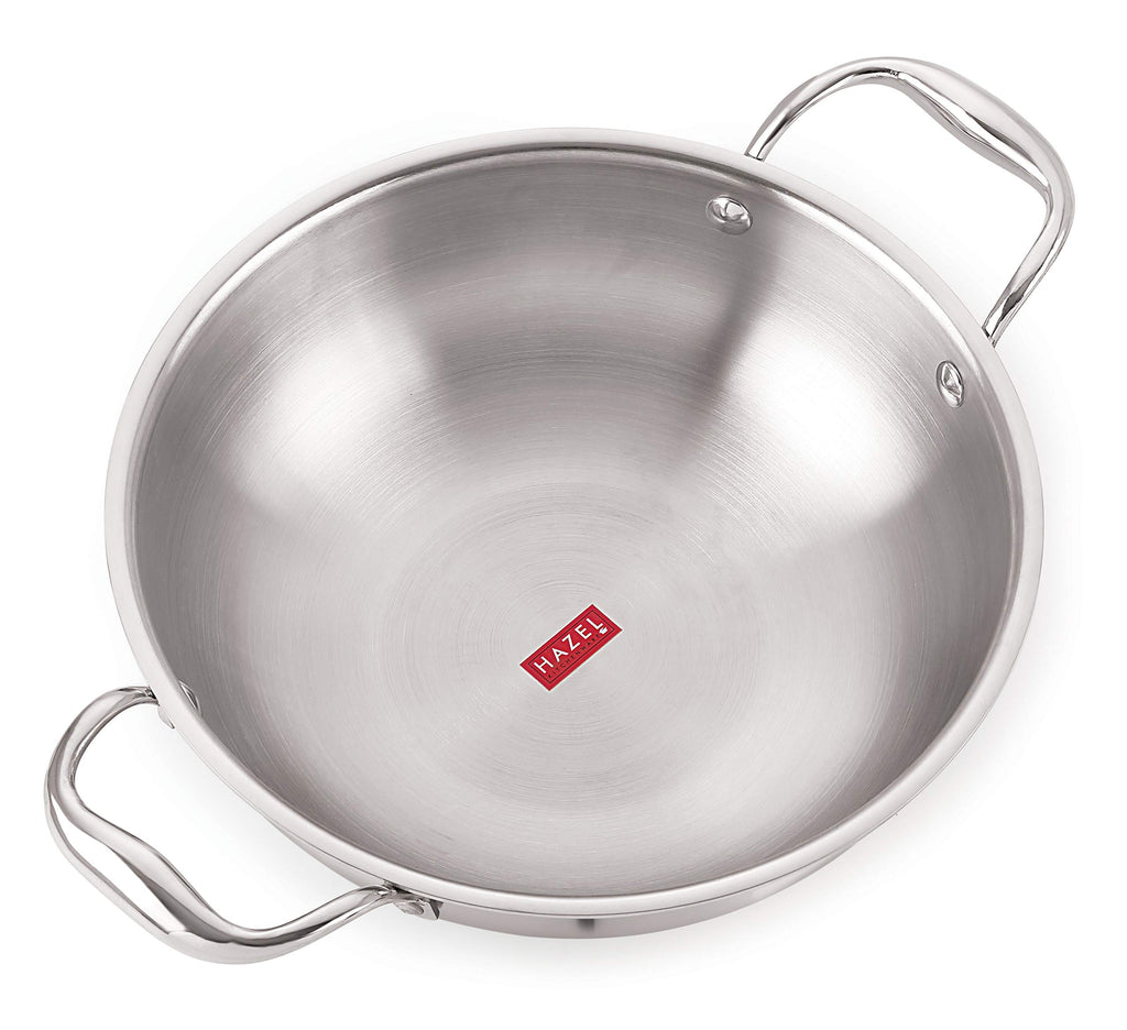 Triply Stainless Steel Induction Bottom Kadhai and Tasra 1.2 Litre, Tope With Handle 2300 ml
