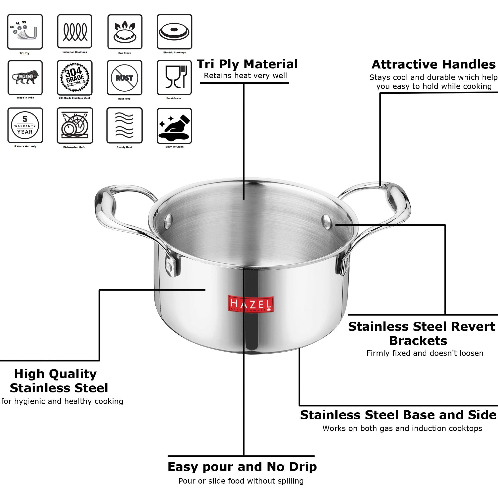 Triply Stainless Steel Induction Bottom Tope and Tope With Handle 2300 ml, Tasra 1200 ml