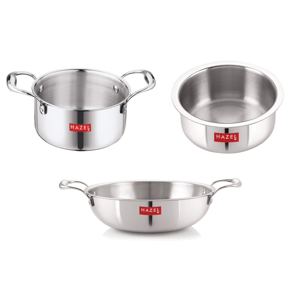 Triply Stainless Steel Induction Bottom Tope and Tope With Handle 2300 ml, Kadhai 1200 ml