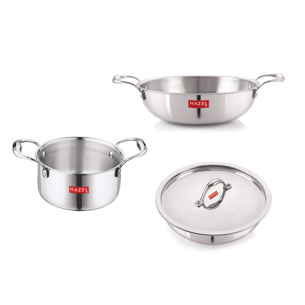 Triply Stainless Steel Induction Bottom Tope With Handle 2300 ml, Kadhai and Tasra 1200 ml With Stainless Steel Lid