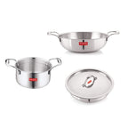 Triply Stainless Steel Induction Bottom Tope With Handle 2300 ml, Kadhai and Tasra 1200 ml With Stainless Steel Lid