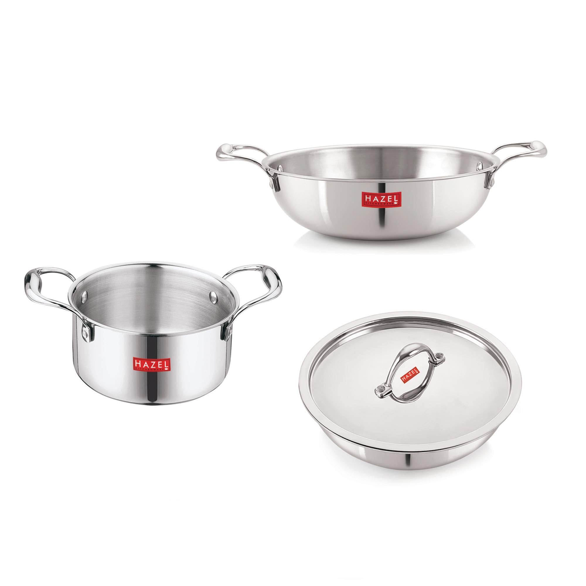 Triply Stainless Steel Induction Bottom Tope With Handle 2300 ml, Kadhai and Tasra 1200 ml With Stainless Steel Lid