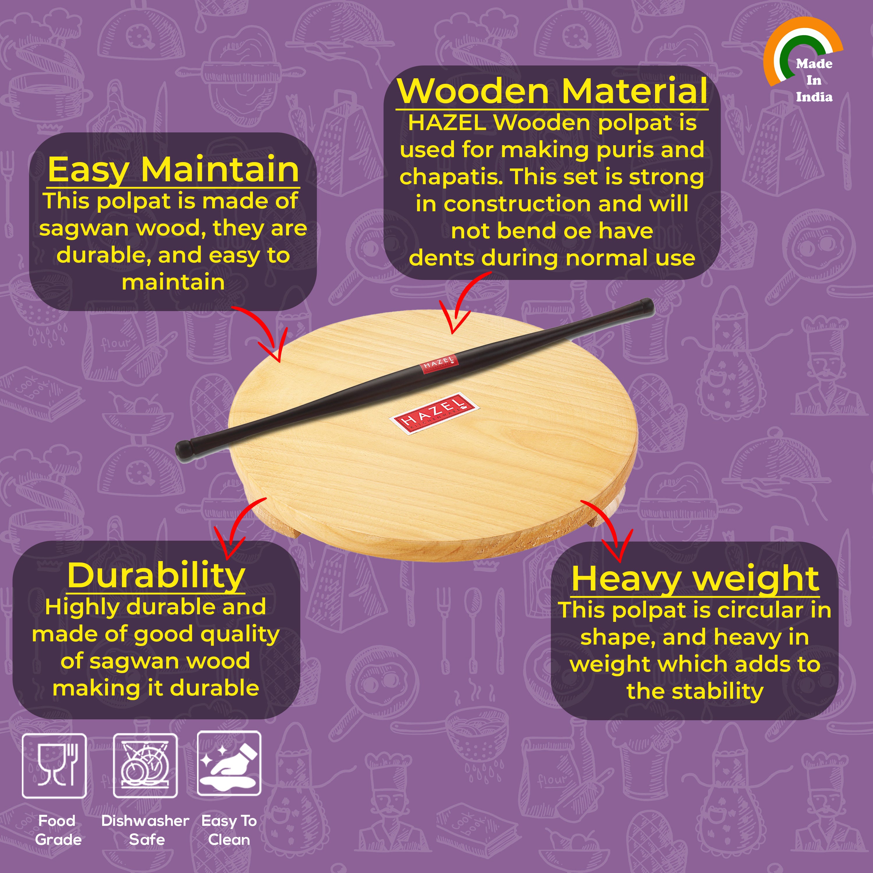 Wood Polpat Chakla Roti Chapati Maker 24 cm With Sheesham Roti Roller Belan Rolling Pin 42 cm