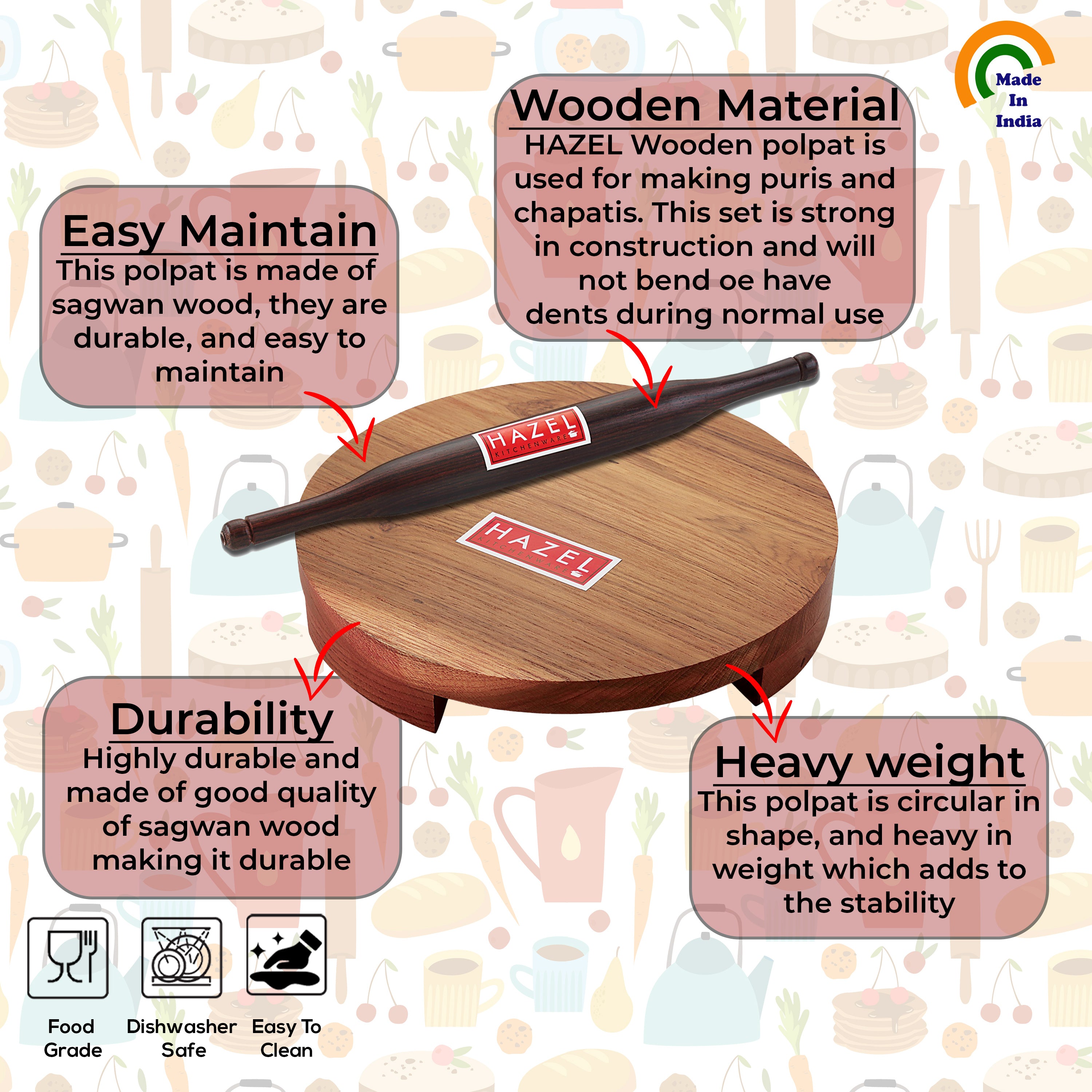 Sagwan Polpat Chakla Roti Chapati Maker 23 cm With Sheesham Roti Roller Belan Rolling Pin 34 cm