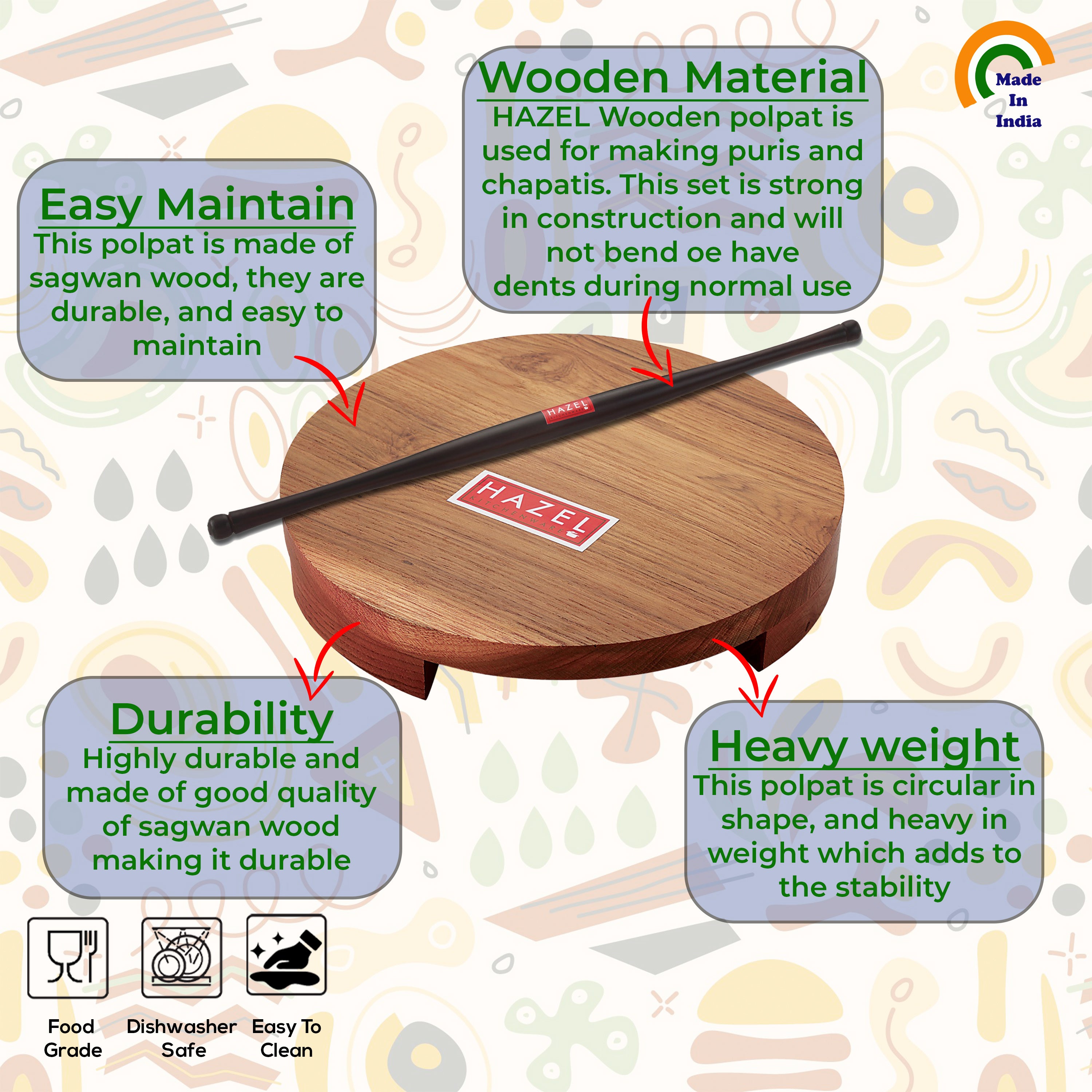 Sagwan Polpat Chakla Roti Chapati Maker 24 cm With Sheesham Roti Roller Belan Rolling Pin 42 cm